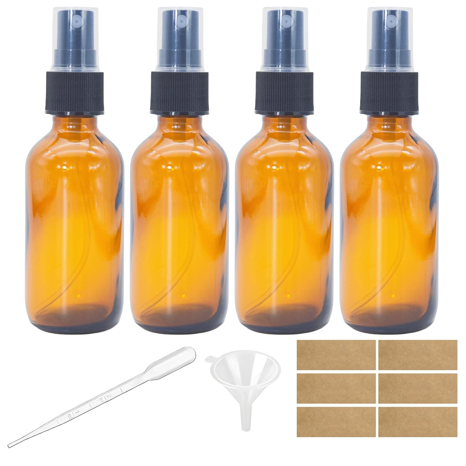Zkupanx 4 PACK 2 oz Small Amber Glass Spray Bottles, 2oz Mini Travel Empty Fine Mist Spray Bottle with Funnel and Labels for Hair, Plants, Perfume