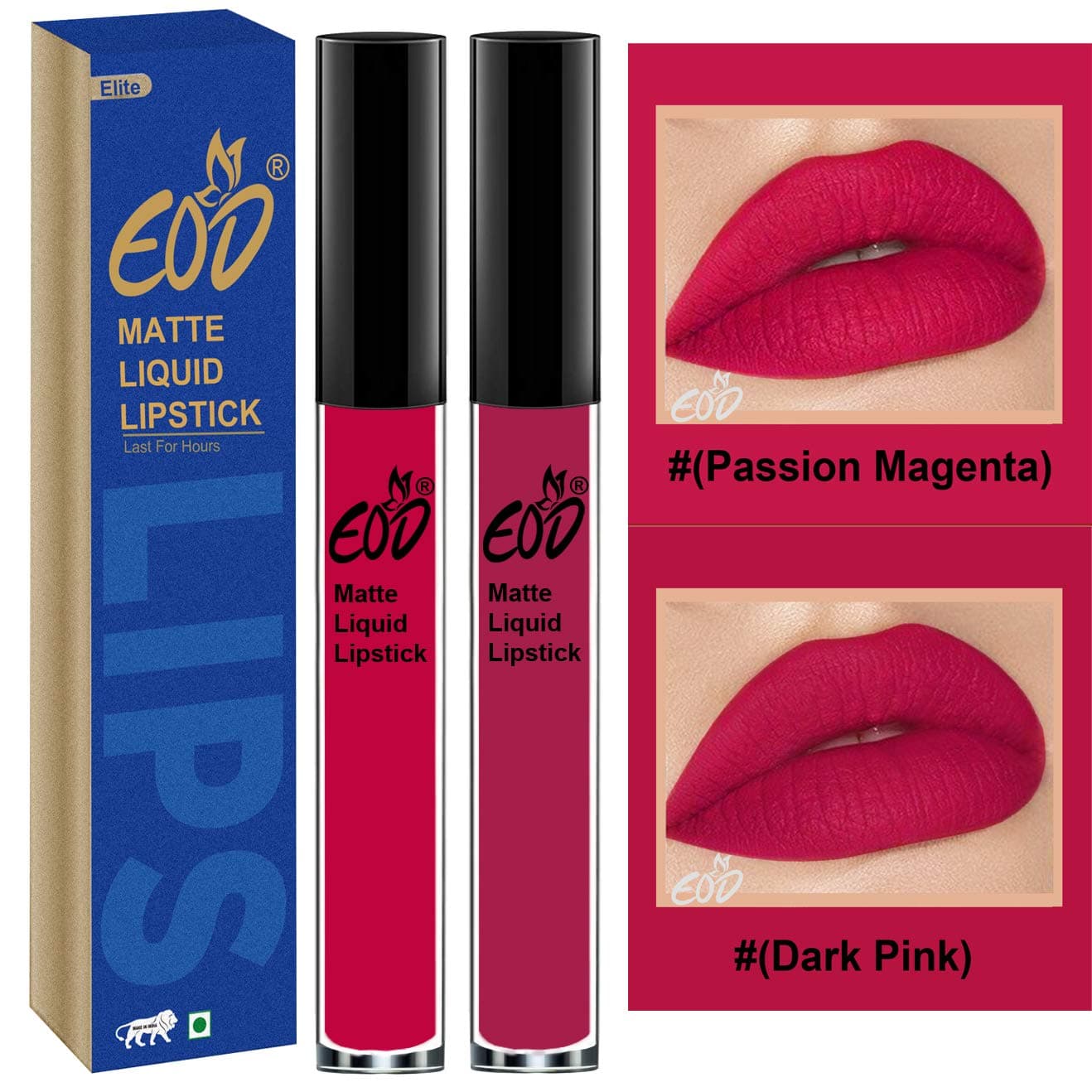 EOD® Soft Matte Kiss Proof Vegan Made in India Liquid Lipstick Long Wearing Set of 2 Lip Gloss(Passion Magenta, Dark Pink)