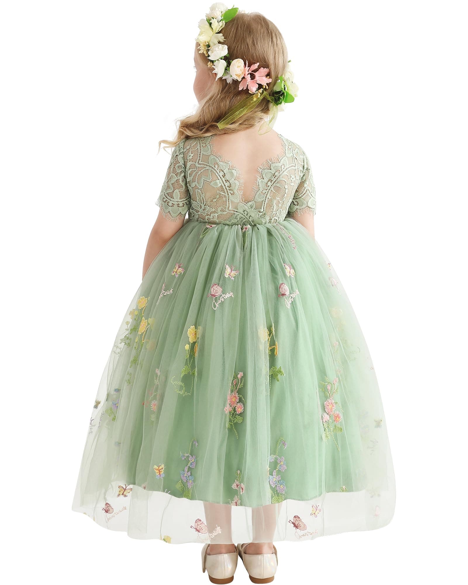 Flower Girl Lace Back V-Neck Dress Full-Length Floral Embroidered Toddler Tutu Tulle Dresses for Girls