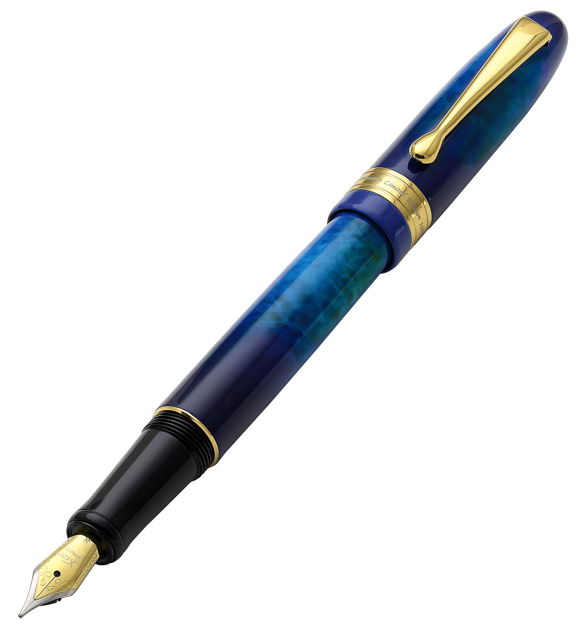 Xezo Medium Nib Fountain Brass Pen, Hand-Enameled, Screw-On Cap, 18-Karat Gold Plated (Phantom Stardust M). No Two Alike, Blue