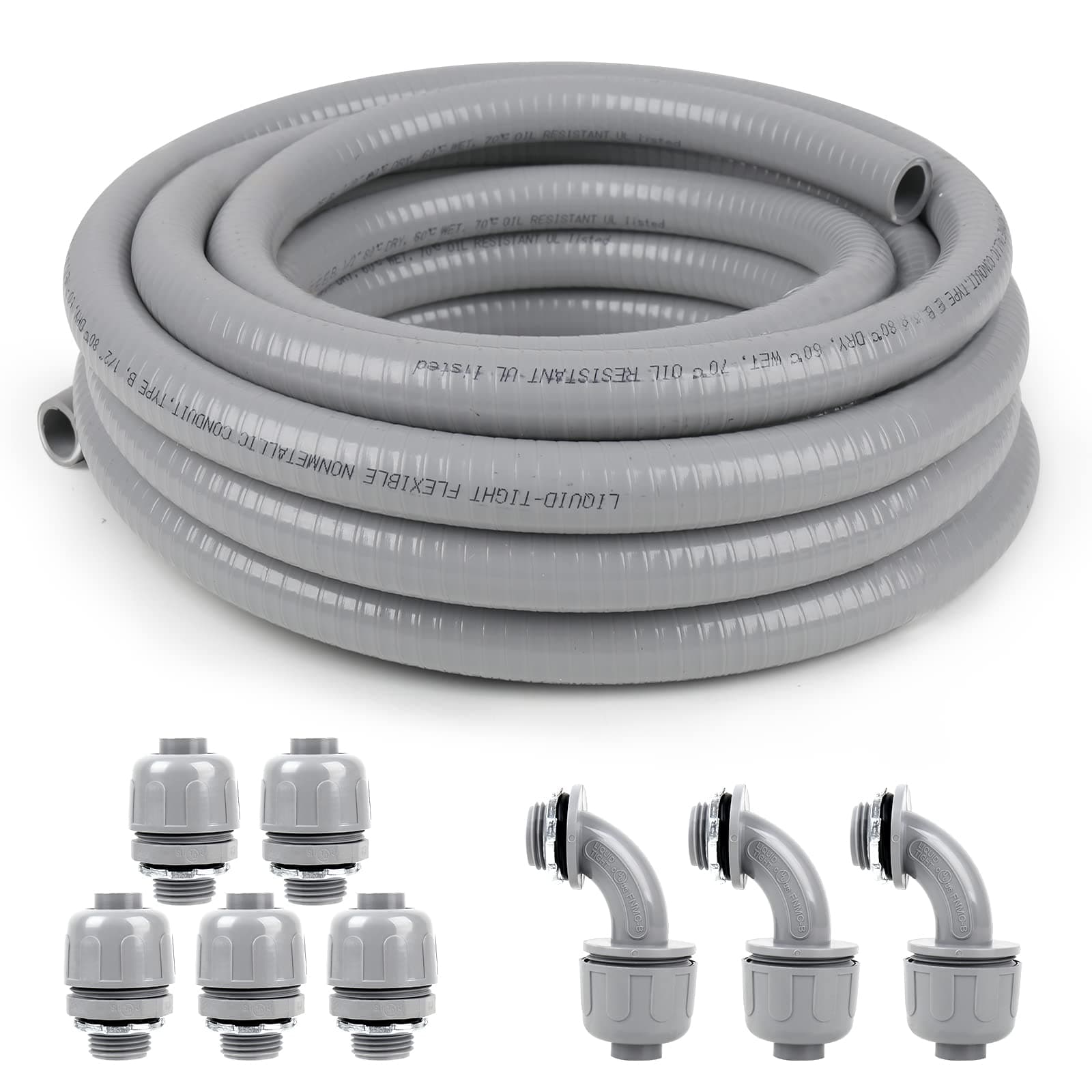 1 inch 25ft Liquid-Tight Conduit and Connector Kit,Flexible Non Metallic Liquid Tight Electrical Conduit Kit with 5 Straight and 3 90-Degree Conduit Connector Fittings,1in. Dia…