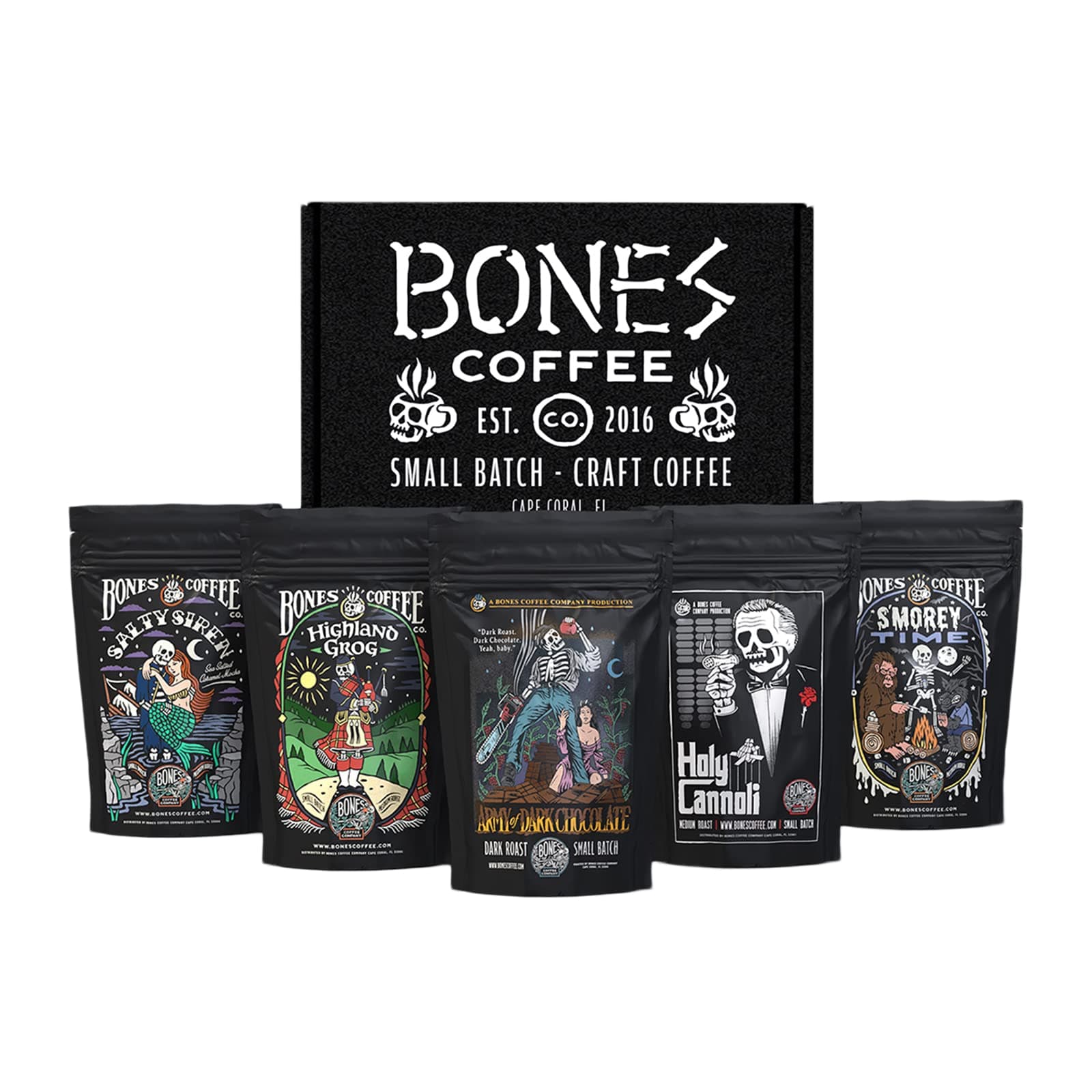 Bones Coffee Company NEW Flavors! Favorite Flavors Sample Pack | Pack of 5 Assorted Ground Coffee Beans | Low Acid Medium Roast Gourmet Coffee Beverages (Ground), B2273