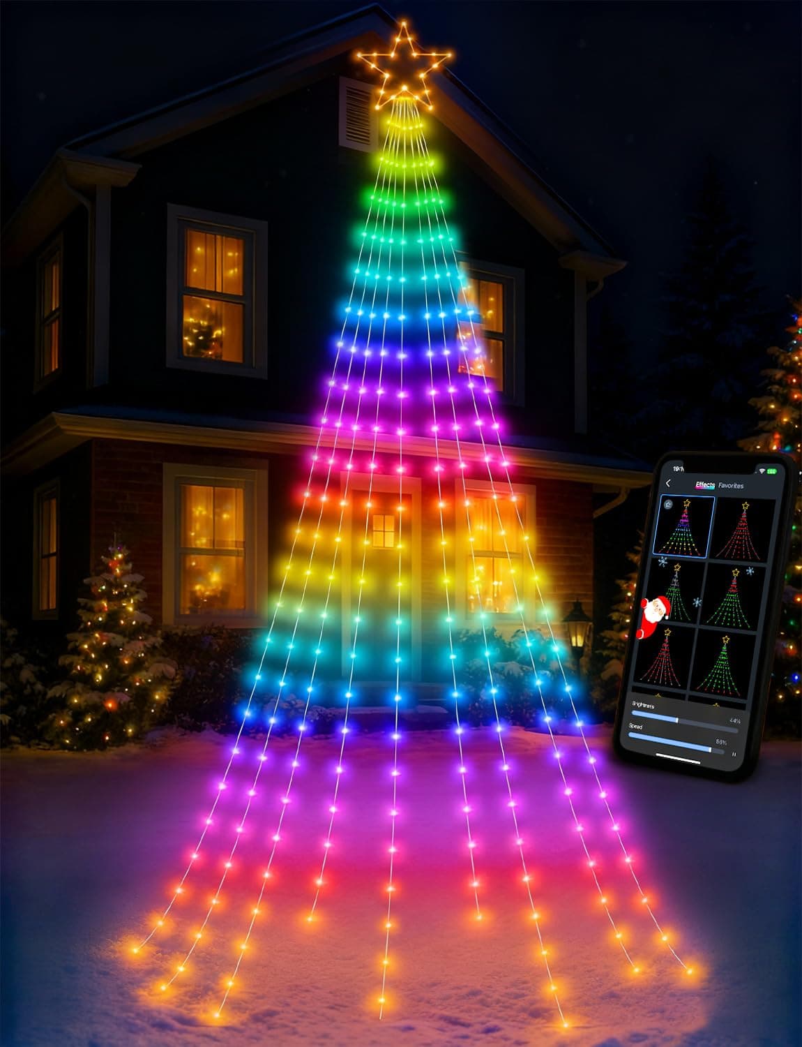 Popotan Christmas Decorations Outdoor, 12FT 344LED Christmas Tree Outdoor Lights with APP Remote, RGB DIY 64 Modes Music Timer, Smart Waterfall Christmas Lights for Yard Tree Lawn Patio Display