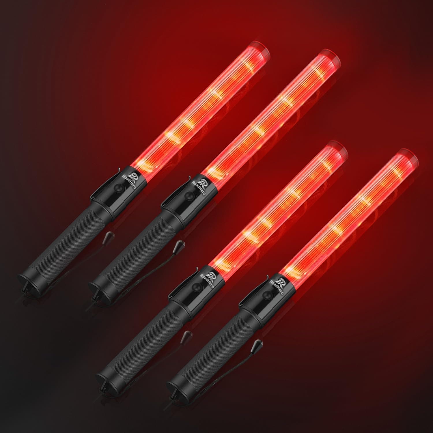 RoadHero 4 Pack Traffic Batons, 16 Inch LED Traffic Control Batons, Safety Light Wands with 2 Flashing Modes, Air Marshaling Signal Wand with Side Clip for Airport, Parking, Car Directing