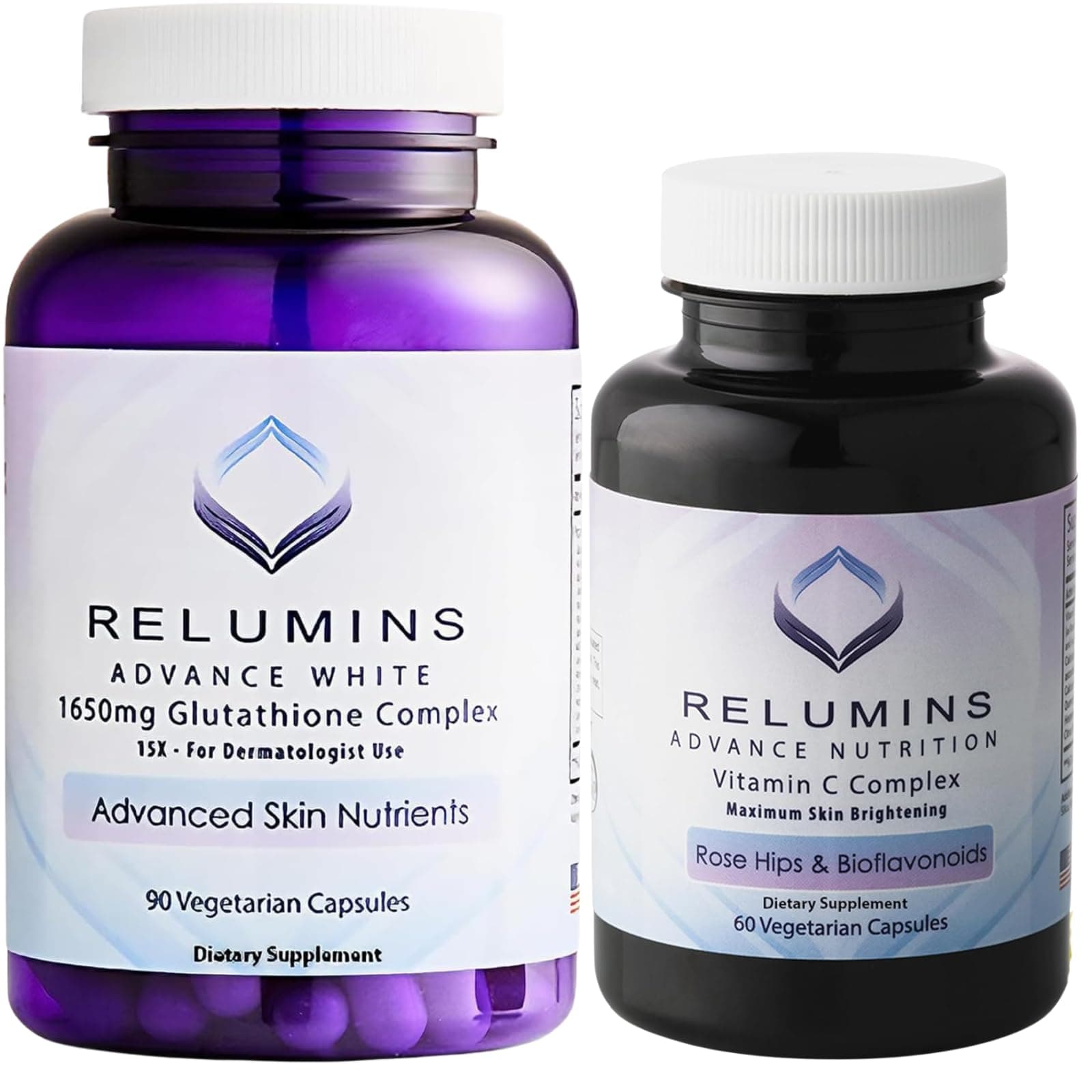 Advanced White Set - 1650mg Glutathione Complex (90 Capsules) and Advanced Vitamin C with Rose HIPS and Bioflavonoids (60 Capsules) Bundle, 1 Month Supply