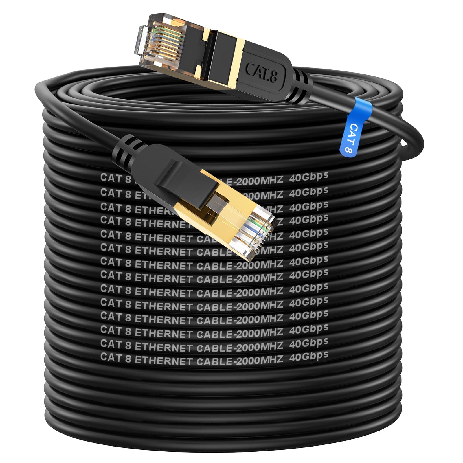 Cat 8 Ethernet Cable, 200FT High Speed Heavy Duty 26AWG Cat8 LAN Network Cable 40Gbps, 2000Mhz with Gold Plated RJ45 Connector, Outdoor&Indoor Internet Cable Compatible for Router Gaming Modem Xbox
