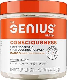 Genius Consciousness, Super Nootropic Brain Supplement Powder, Mango - Boost Focus, Cognitive Function, Concentration & Memory Booster - Alpha GPC & Lions Mane Mushroom for Neuro Energy & IQ