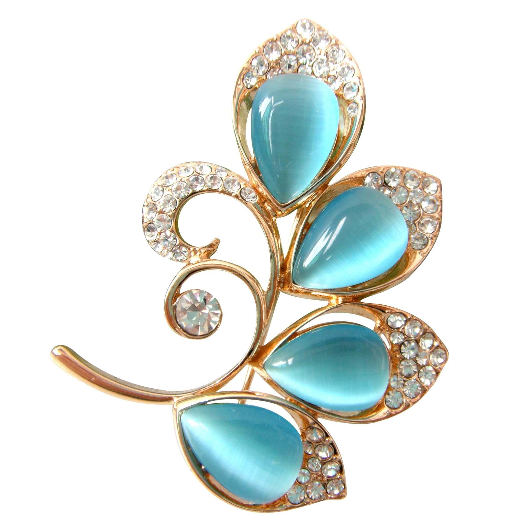 18k Gold Plated Opal Leaves Crystal Branches Brooch Pins