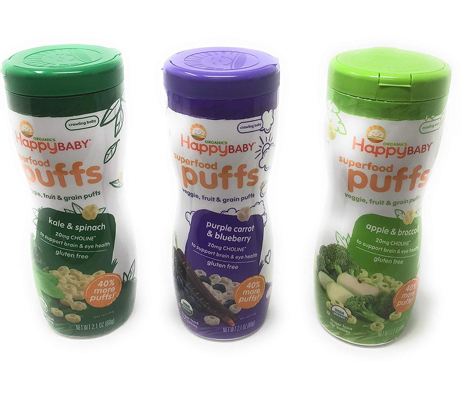 Happy Baby Organic Puffs 2.1 Oz Mixed 3 Pack (1 Kale & Spinach, 1 Purple Carrot & Blueberry, 1 Apple & Broccoli)