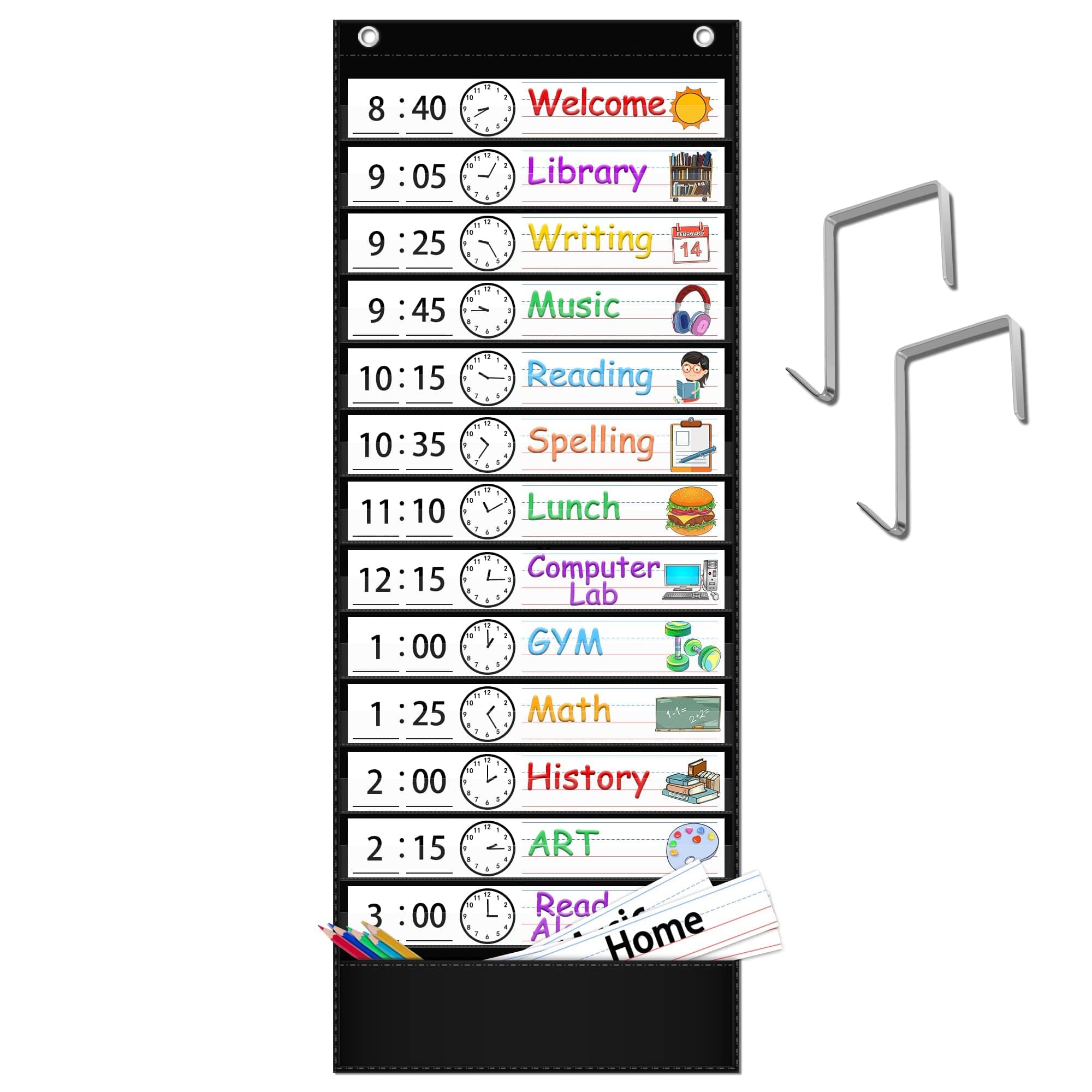 Daily Schedule Pocket Chart, 13+1 Pocket Visual Schedule Chart, 18 Double-Sided Blank Reusable Dry-Eraser Cards, Educational Schedule Charts for Classroom Homeschooling Toddlers-Black