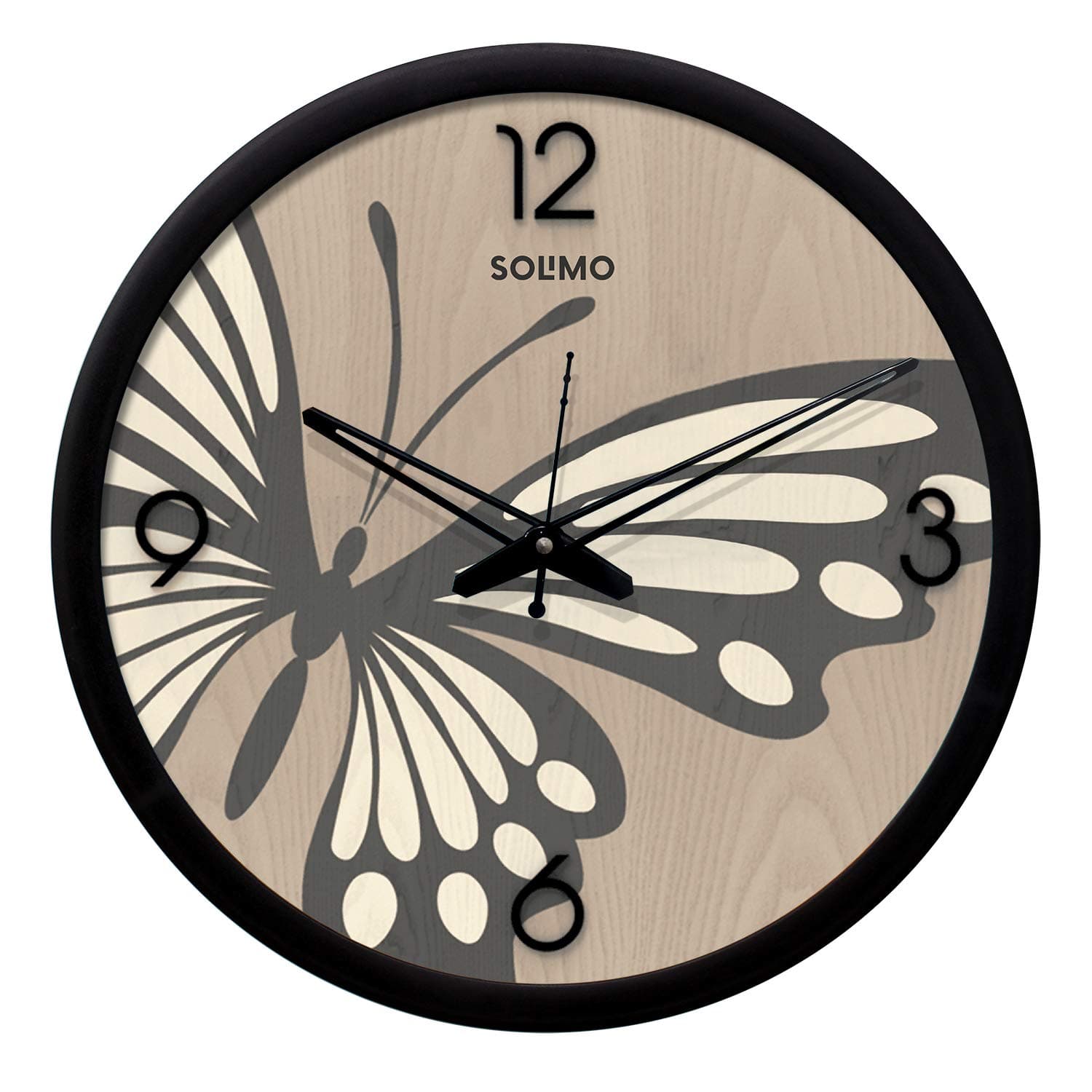 Amazon Brand - Solimo 12-inch Wall Clock - White Butterfly (Silent Movement, Black Frame)