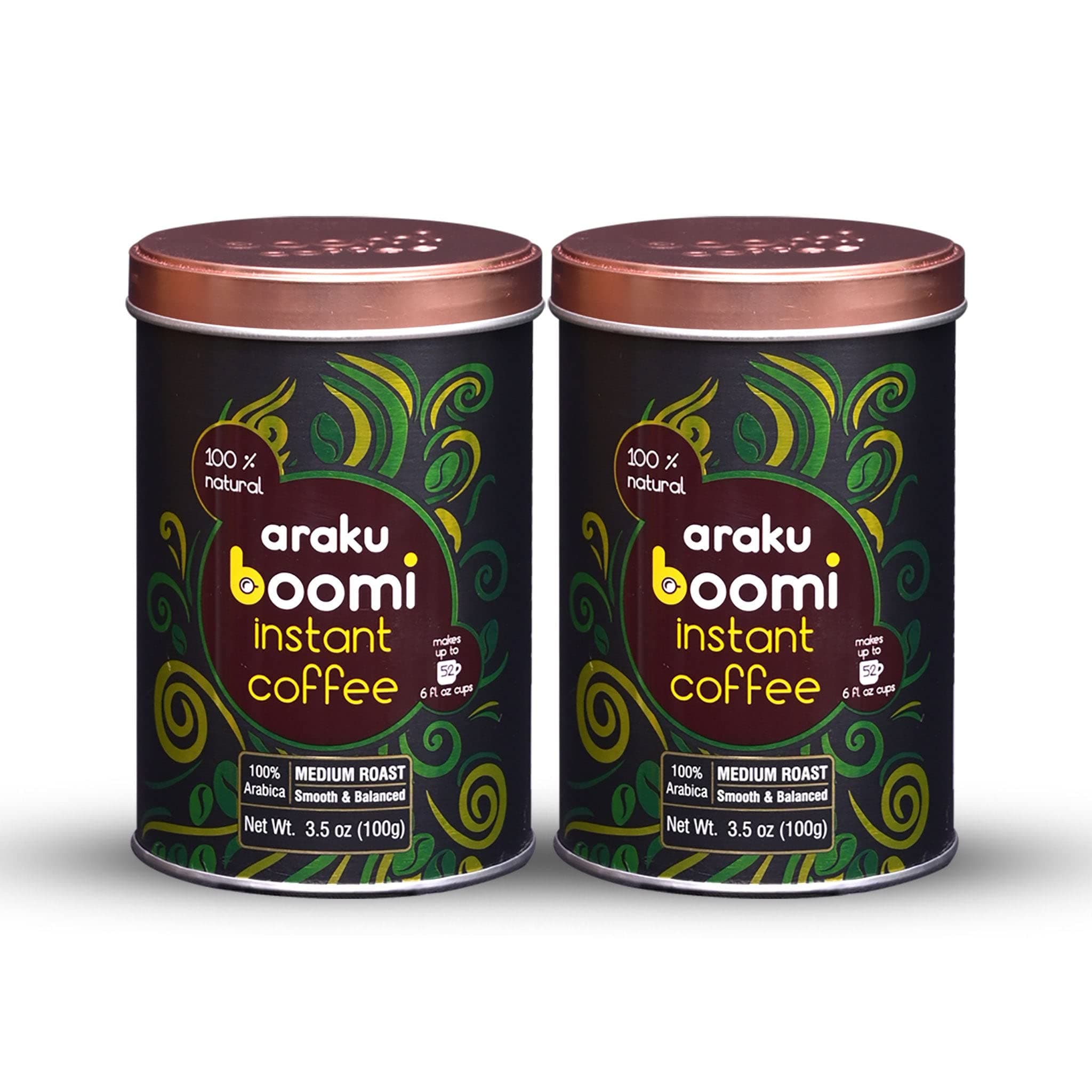 Boomi Premium Single Origin Instant Coffee Powder - Medium Roast, 100% Arabica, Mold & Mycotoxin Free, Low Acid - 3.5oz Tin (2 Pack)