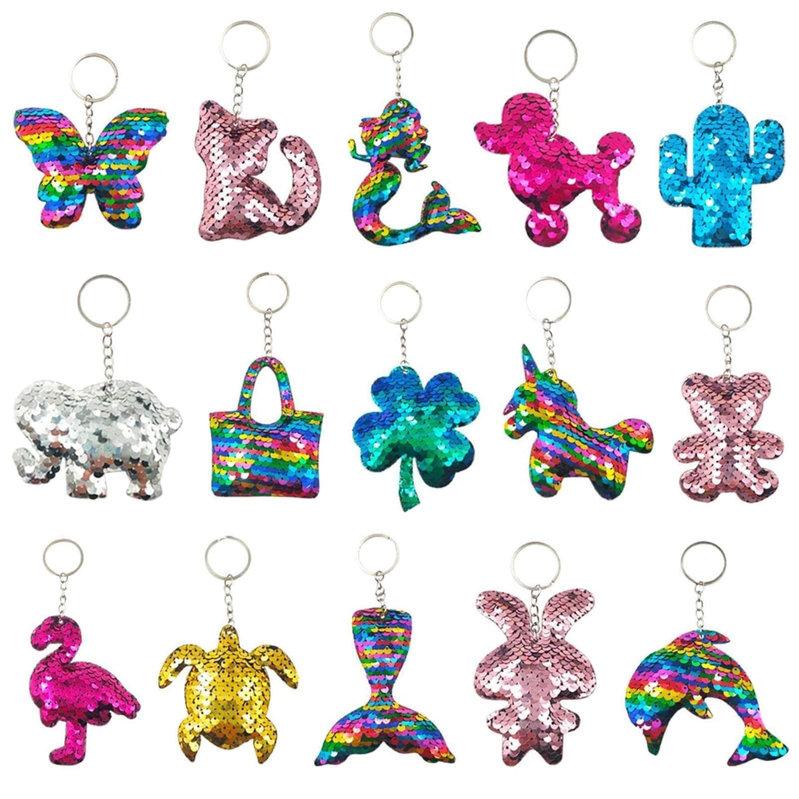 GuassLee 15Pcs Flip Sequin Keychain for Kids Girls Party Favors, Backpack Unicorn Mermaid Keychains Bulk for Kids Classroom Carnival Prizes Goody Bag Stuffers Valentine's day Birthday Party Gifts