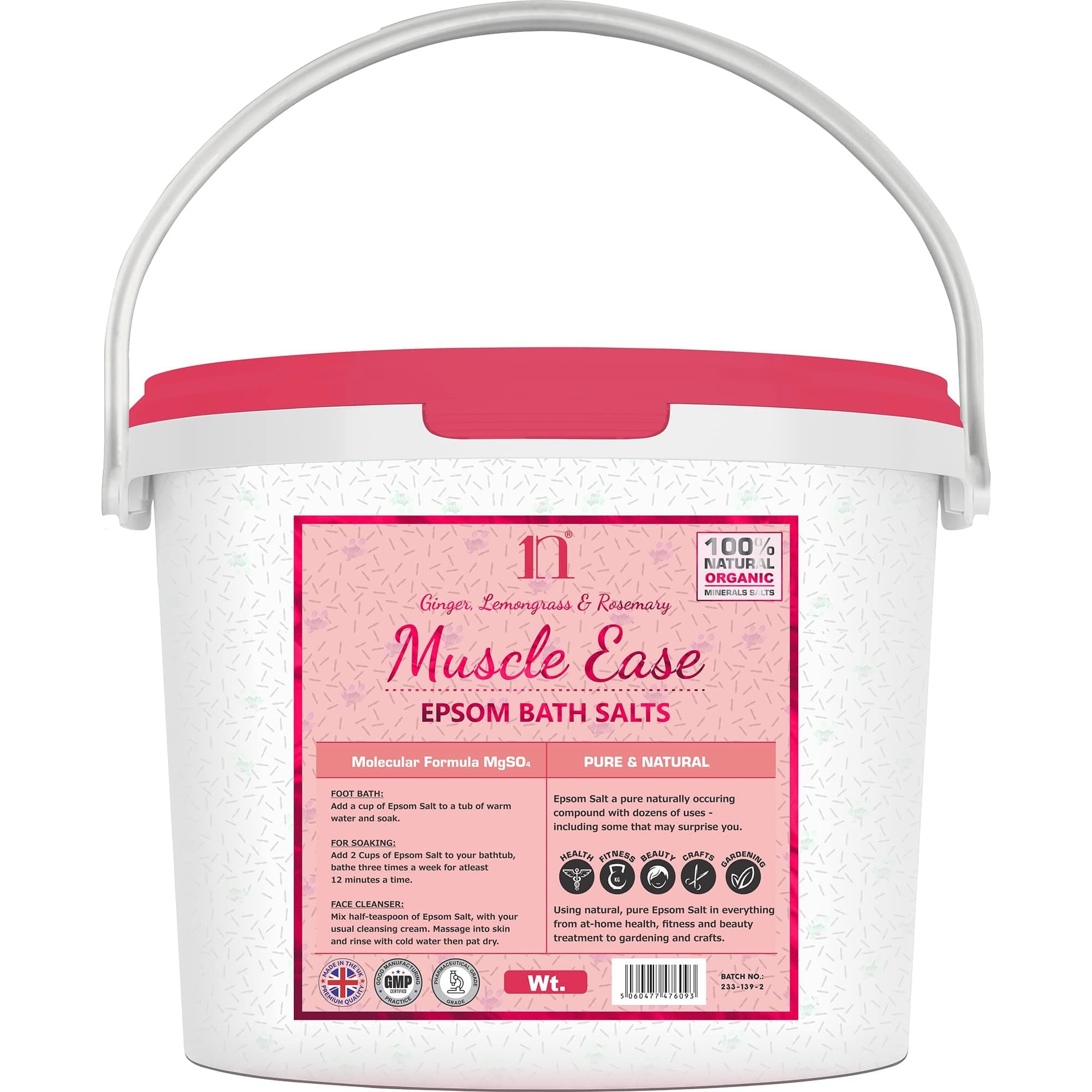 Scented Epsom Salt Muscle Ease Salts with Ginger, Lemongrass & Rosemary Bucket Food Grade Magnesium Sulphate Foot Soak Salts Bath Epsom Salts (Ginger, Lemongrass & Rosemary, 5KG)