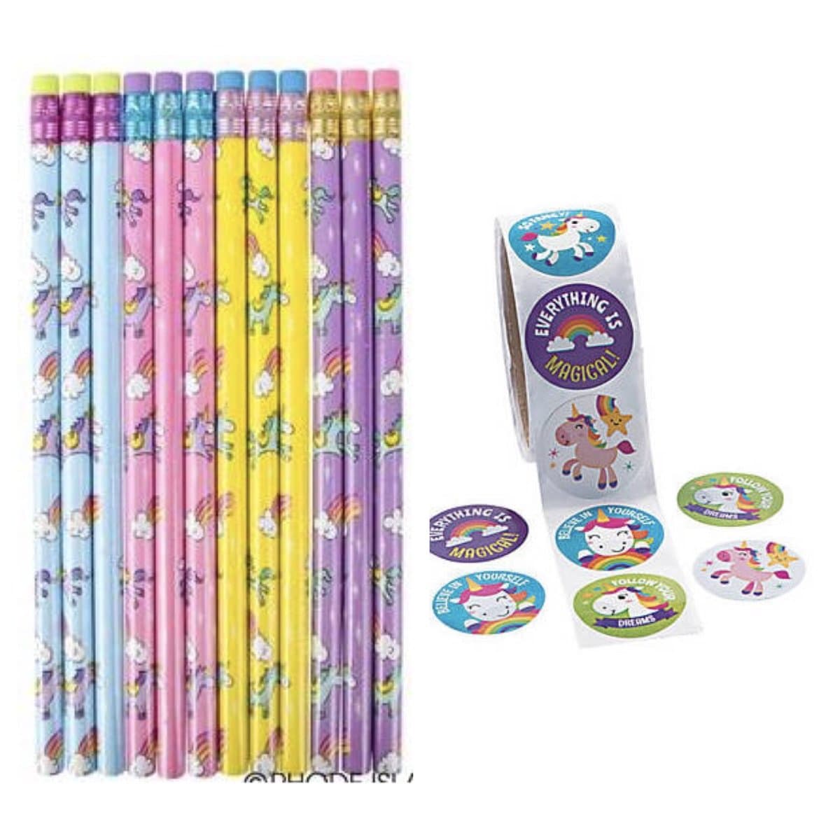 Pretty Unicorn Pencils & Stickers - Party Favors - Classroom Giveaways - Teacher Rewards - Pastel (24)
