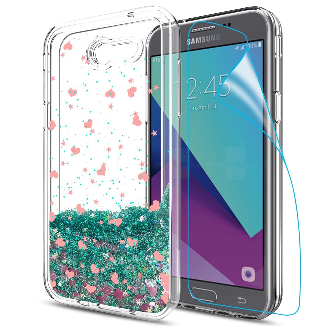 Case Galaxy J3 Emerge/J3 Prime/J3 Eclipse/J3 Mission/J3 Luna Pro/Express Prime 2/Amp Prime 2/Sol 2 Glitter Liquid Bling Case with HD Screen Protector for Girls Women Clear Samsung J3 2017 Turquoise