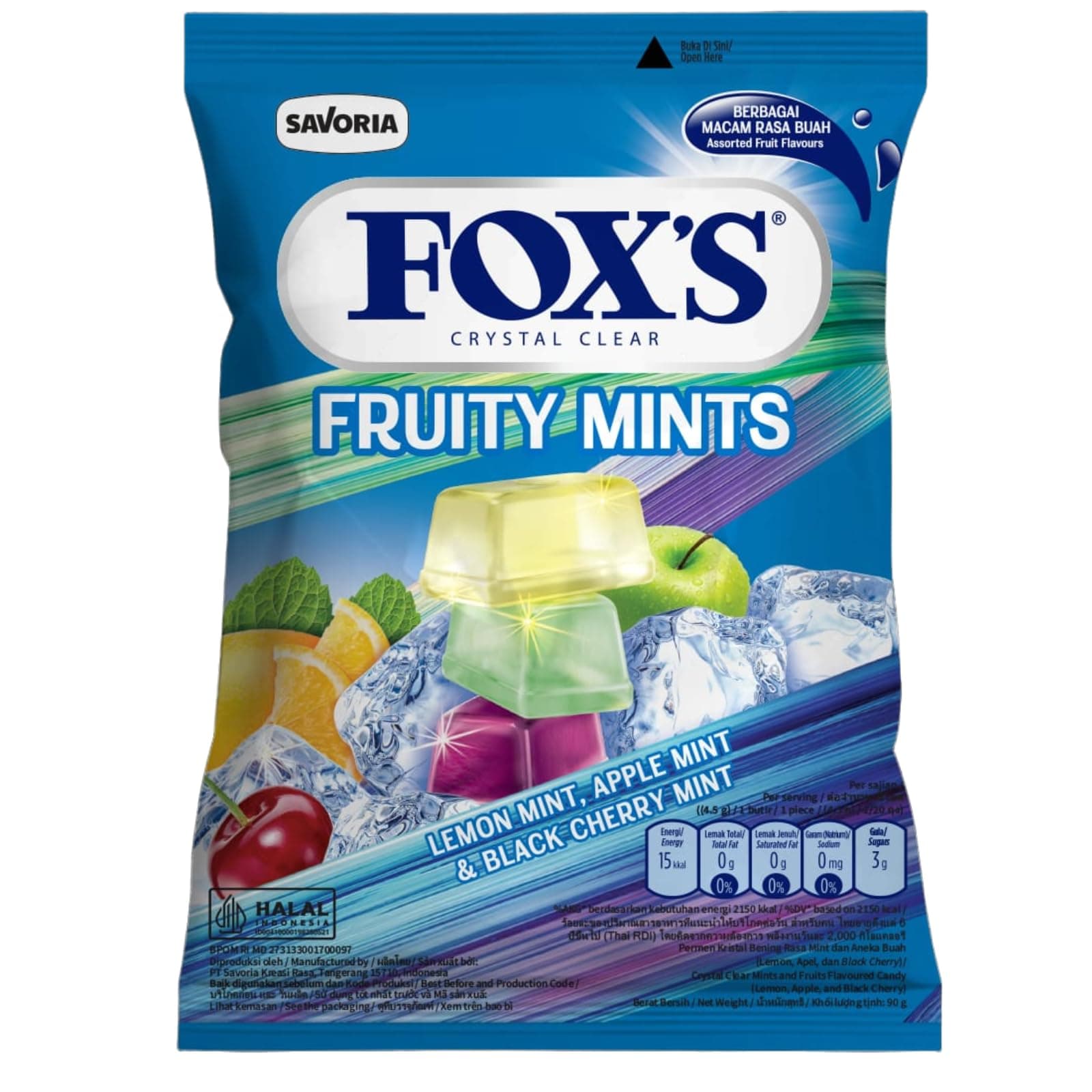 Crystal Clear Fruity Mints Candy Pouch 90g – Refreshing Assorted Mint Candy (Lemon, Apple & Black Cherry), Long-Lasting Flavor, Refreshing & Shareable Treat Best, Halal Certified