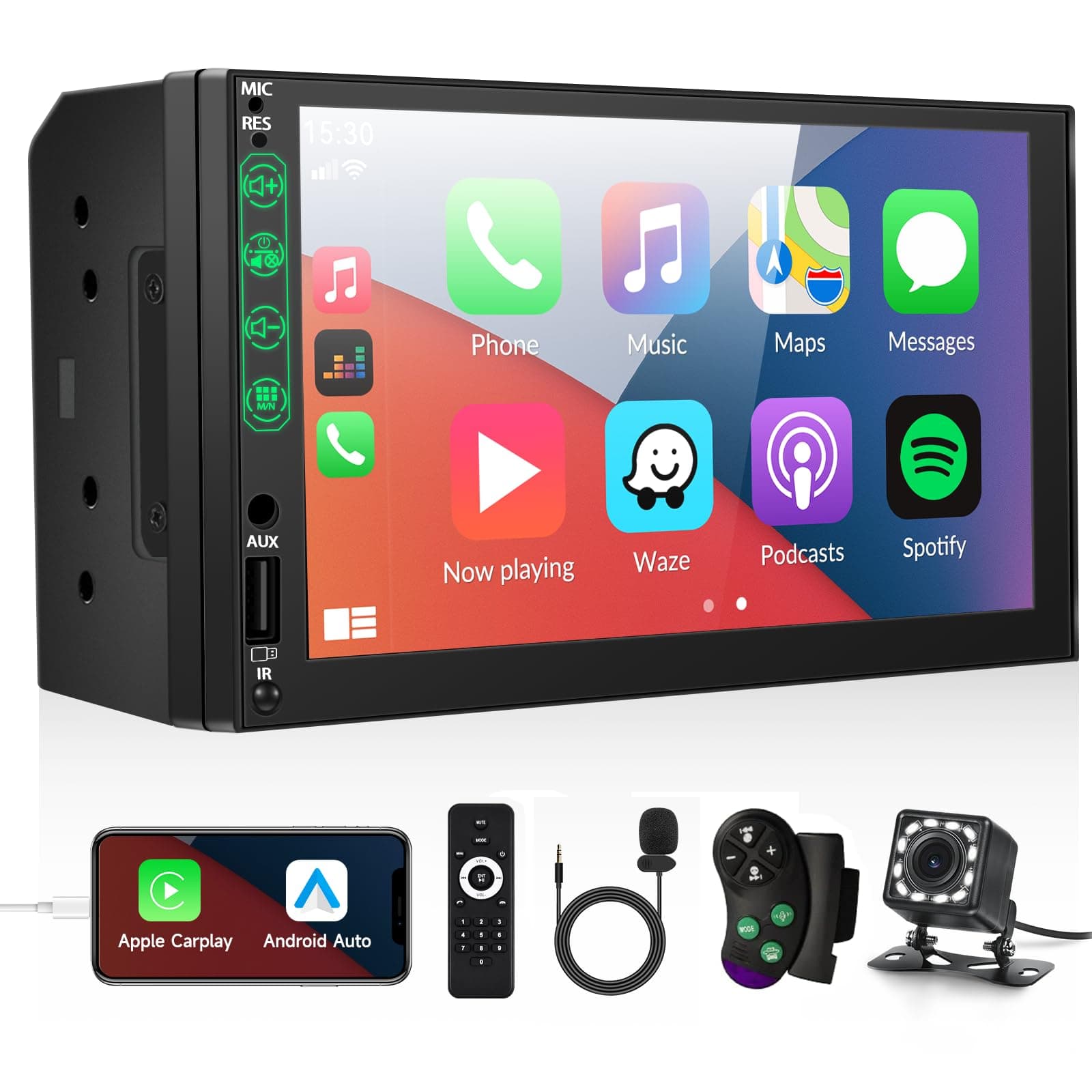 UNITOPSCIDouble Din Car Stereo Compatible with Apple CarPlay Android Auto Voice Control 7 Inch Touchscreen Bluetooth FM Radio Receiver with Backup Camera Mirror Link Microphone USB/SD/AUX Input SWC