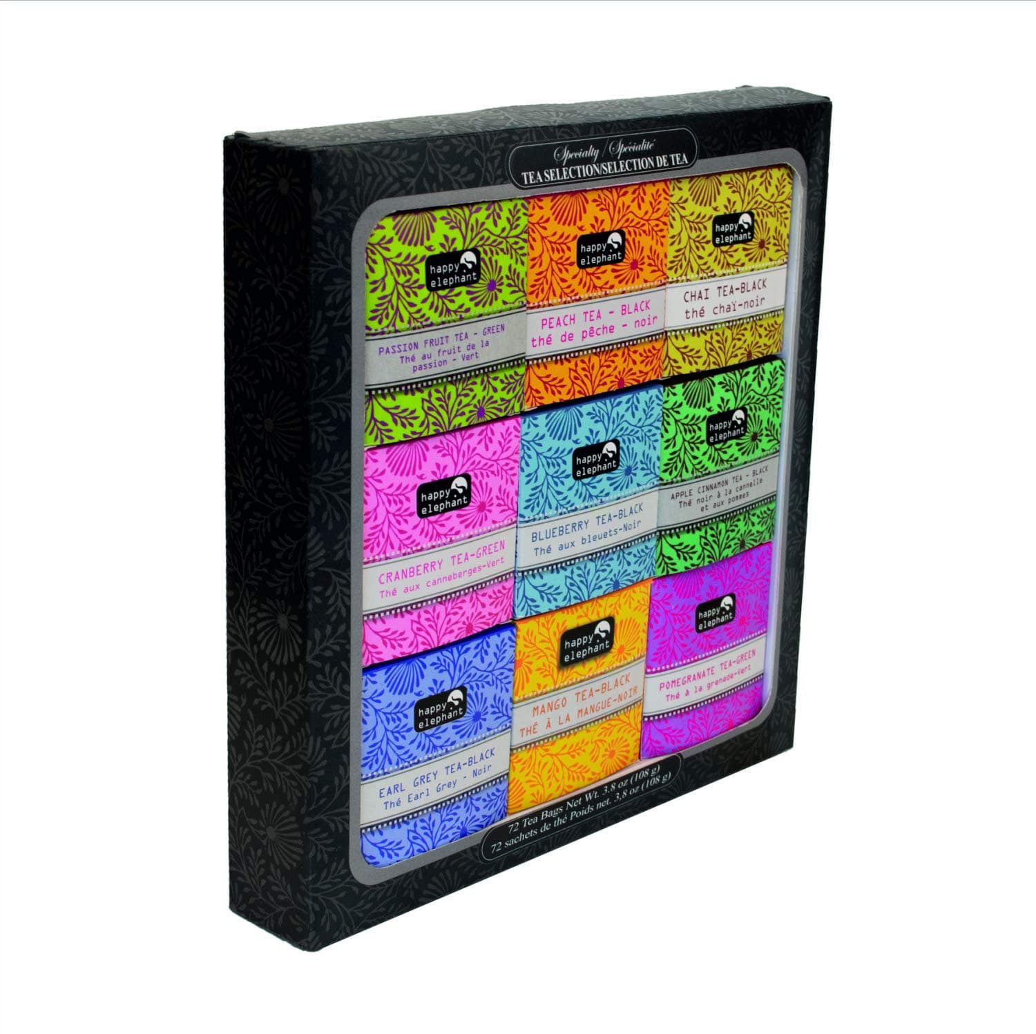 Happy Elephant Gift Box - Masala Chai Tea, Peach, Passion Fruit, Cranberry, Blueberry, Apple Cinnamon, Earl Grey, Mango, Pomegranate Tea - 72 Tea Bags