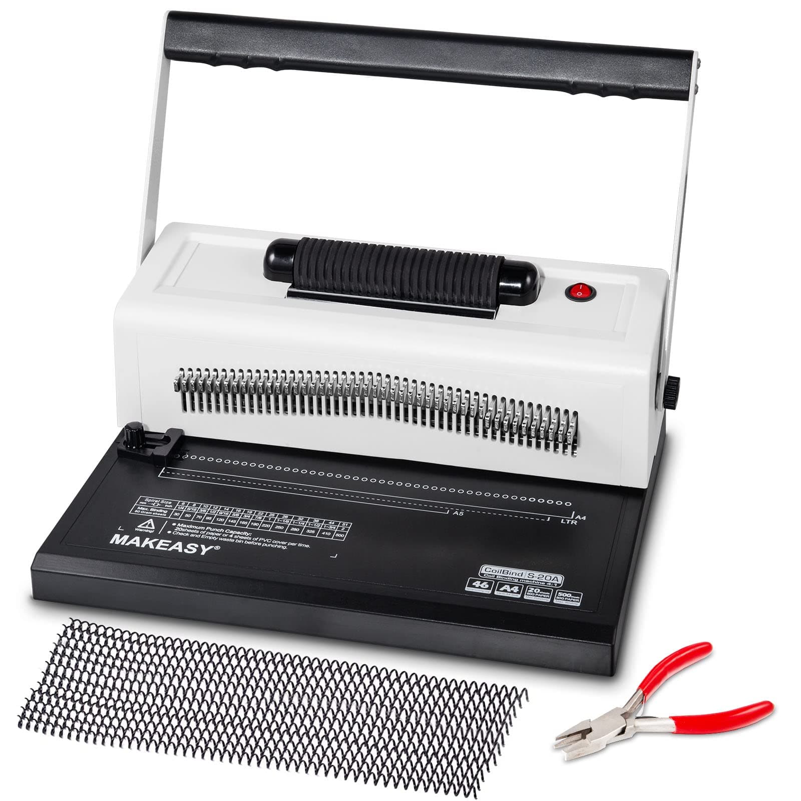 MAKEASY スパイラルコイルバインディングマシン 46本の完全に外れるピン付き - 電動コイルインサー - 調節可能なサイドマージン、無料の1ボックスコイルスパイン&プライヤー、20シートパンチ容量