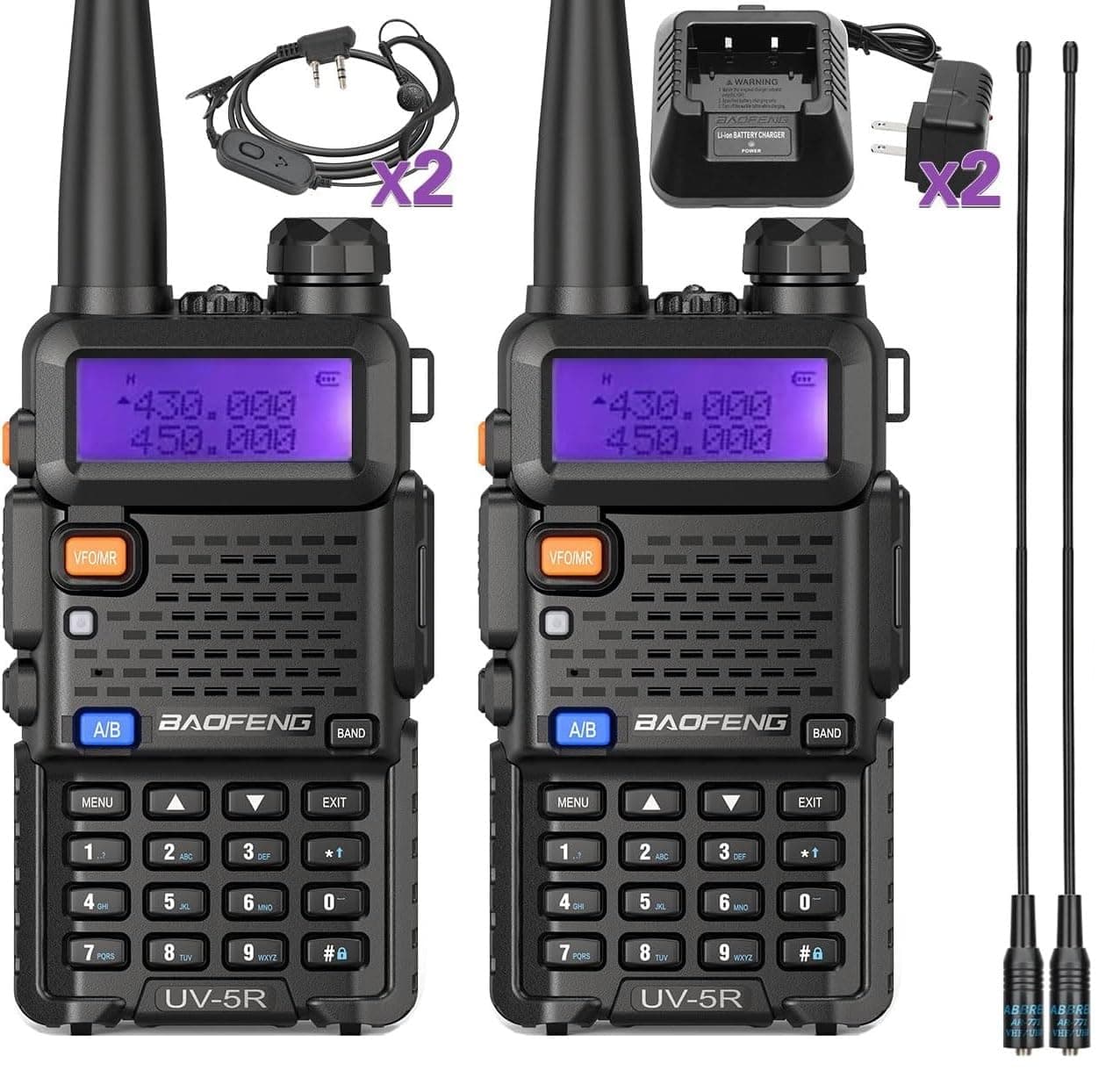 BAOFENG Radio Ham Radio UV-5R Long Range UV5R Dual Band VHF UHF Rechargeable Walkie Talkies for Adults Handheld Two Way Radio with Earpiece AR-771 Full Kit for Camping Hunting Survival Gear,2Pack
