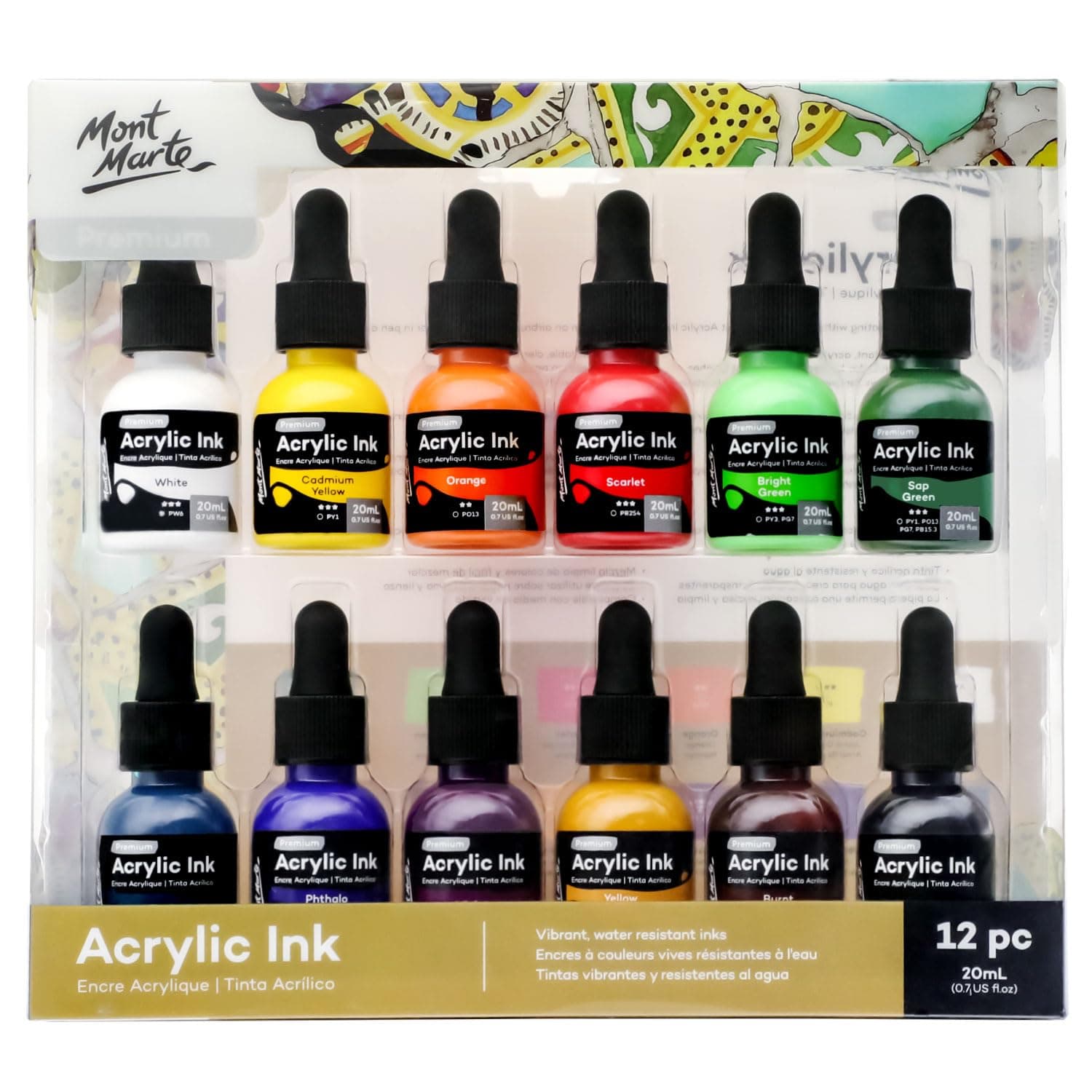 Mont Marte Acrylic Ink Premium 12pc x 20ml (0.7 US fl.oz), Acrylic Inks for Artists, Essential Colours, Ideal for Air Brush, Pouring Art, Scrapbooking, Ink Drawing, Mixed Media