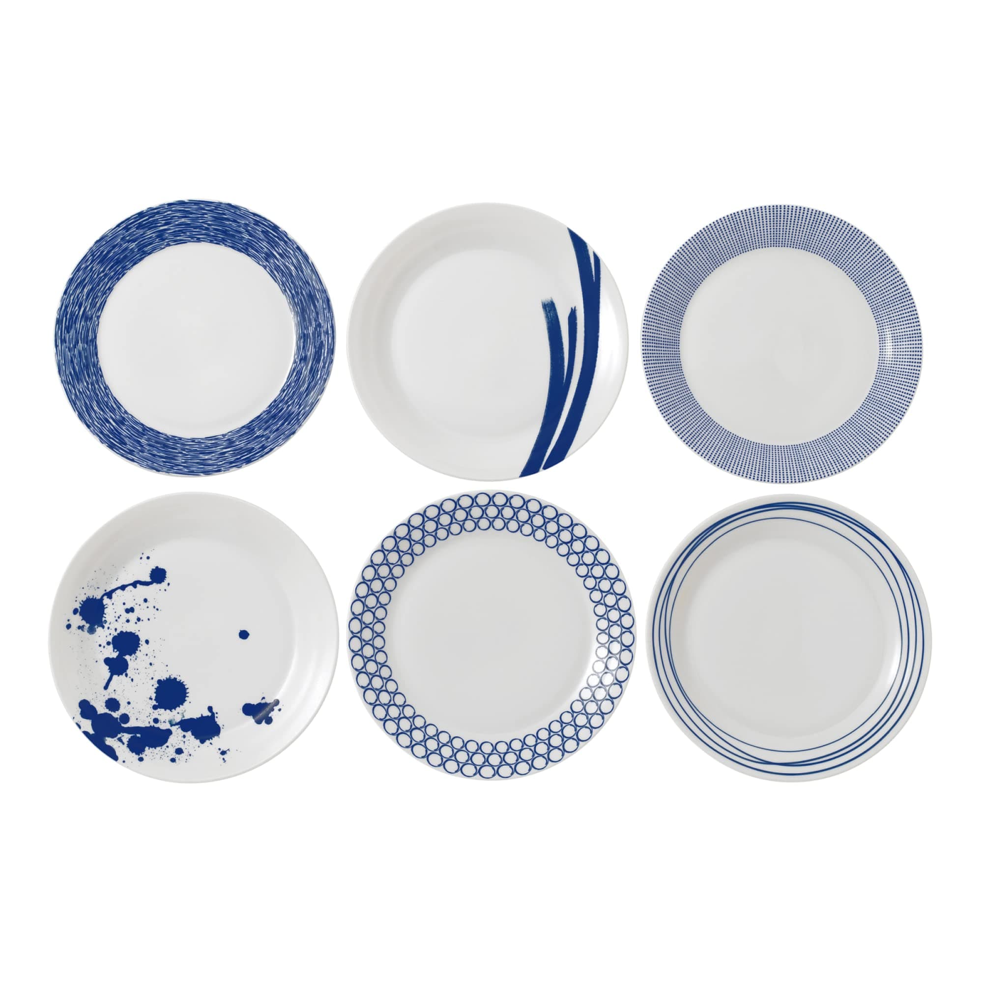 40034435-Large Set of 6, Pacific Blue Collection Tableware Perfect for Breakfast, Lunch and Dinner-Blue & White Plates, 29cm, Porcelain