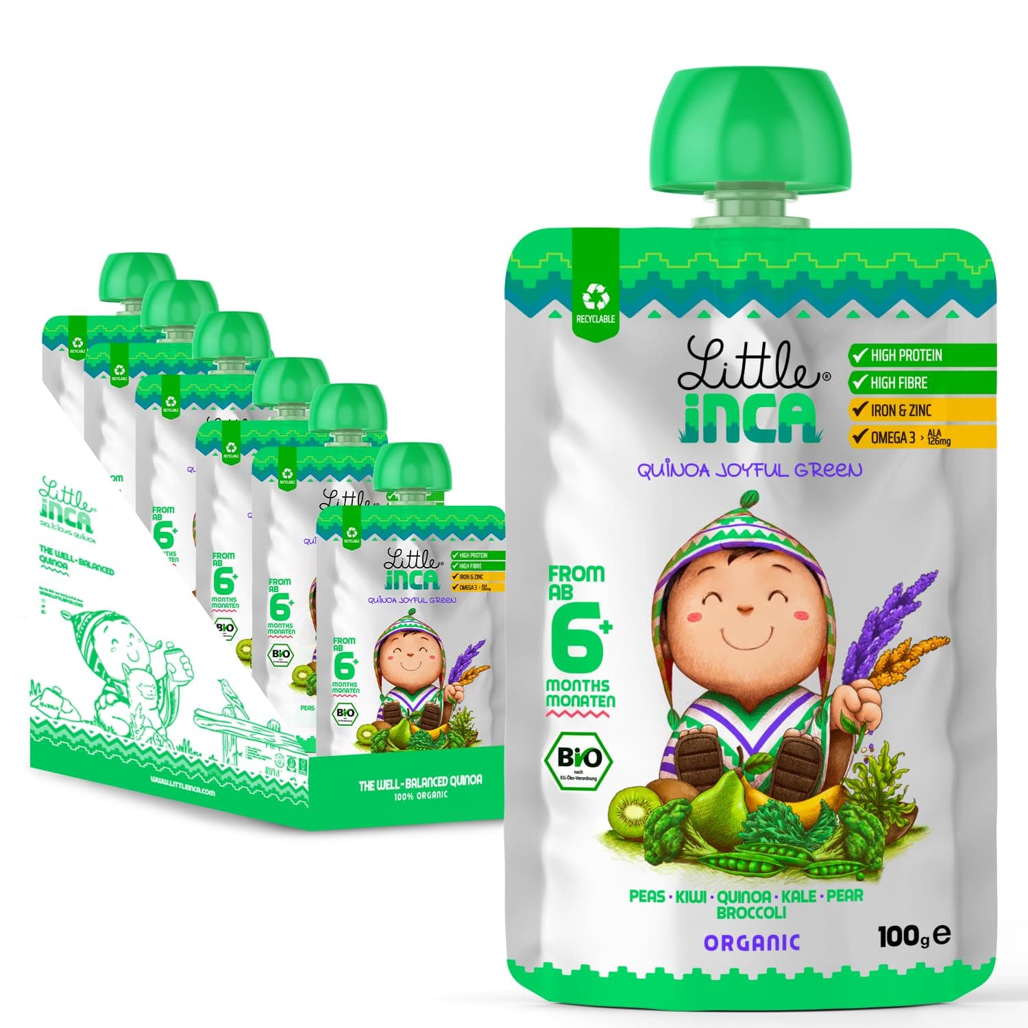 Organic Baby Food Pouches The Joyful Green (6x100g) | Quinoa-based Dairy-Free Baby Pouch | 6 Months+ | Recyclable Plant-Based Veg & Fruit Pouches | Supports Gut/Cognitive Health