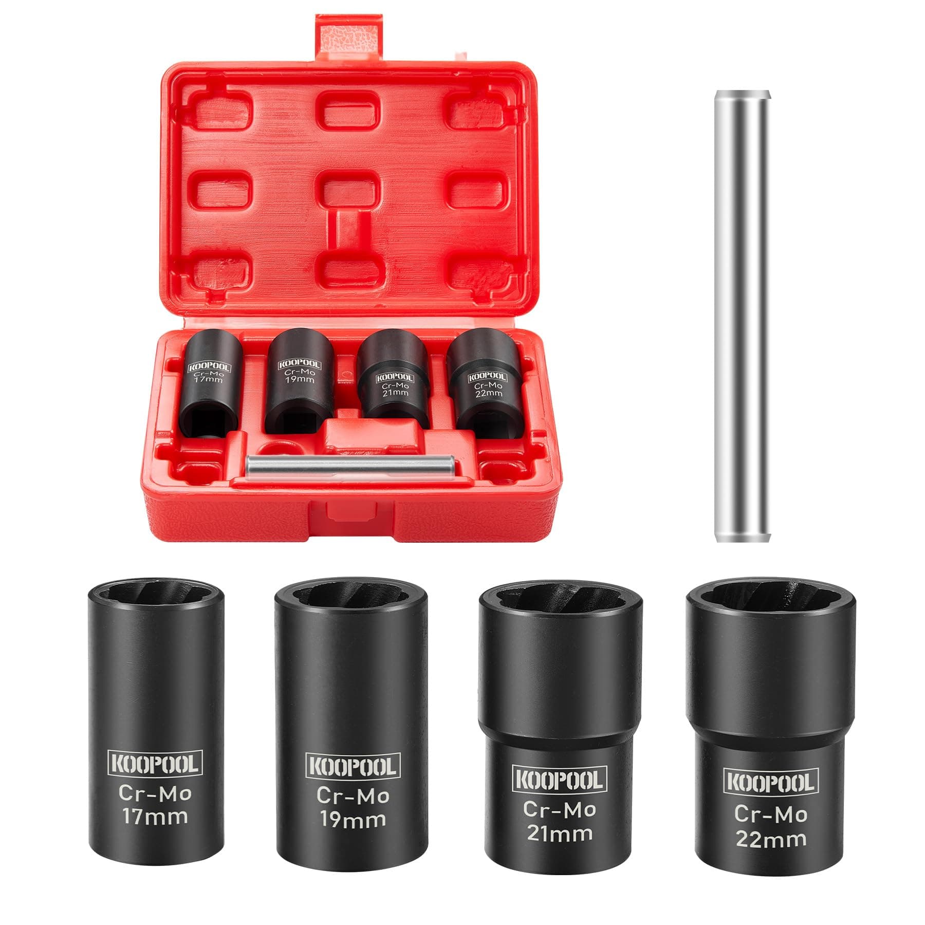 Twist Socket Set 5 Pcs Lug Nut Remover, Bolt Nut Extractor Set, Metric 17-22mm Wheel Lock Removal Kit with Drift Punch Nut Removal Bar