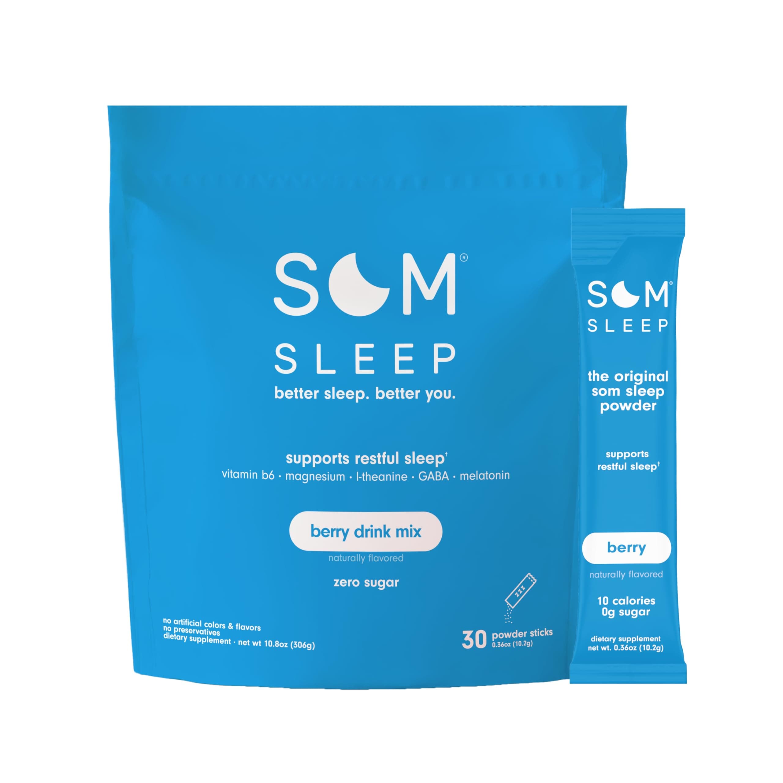 Calm Sleep Nighttime Powder Drink Mix, Melatonin 3mg, Magnesium, Vitamin B6, L-Theanine & GABA – Vegan, Zero Sugar – Berry, 30-Pack