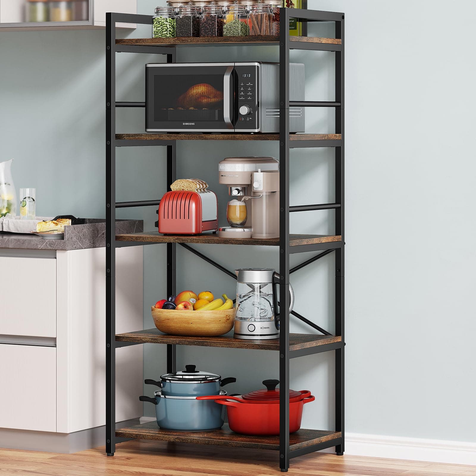 Denkee 5-Tier Bakers Rack for Kitchen with Storage, Industrial Microwave Stand Shelf, Coffee Bar for Small Spaces, Free Standing Kitchen Storage Shelf Rack, 23.62" L x 15.75" W x 60.24" H