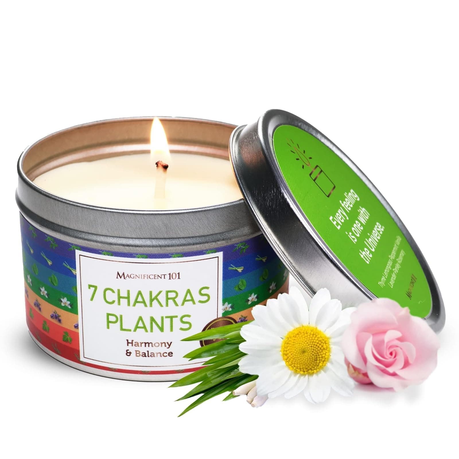 MAGNIFICENT 101 Seven Chakra Smudge Candle - 6 oz Soy Wax Tin - 35-Hour Burn & Aromatherapy - Energy Cleansing & Balance