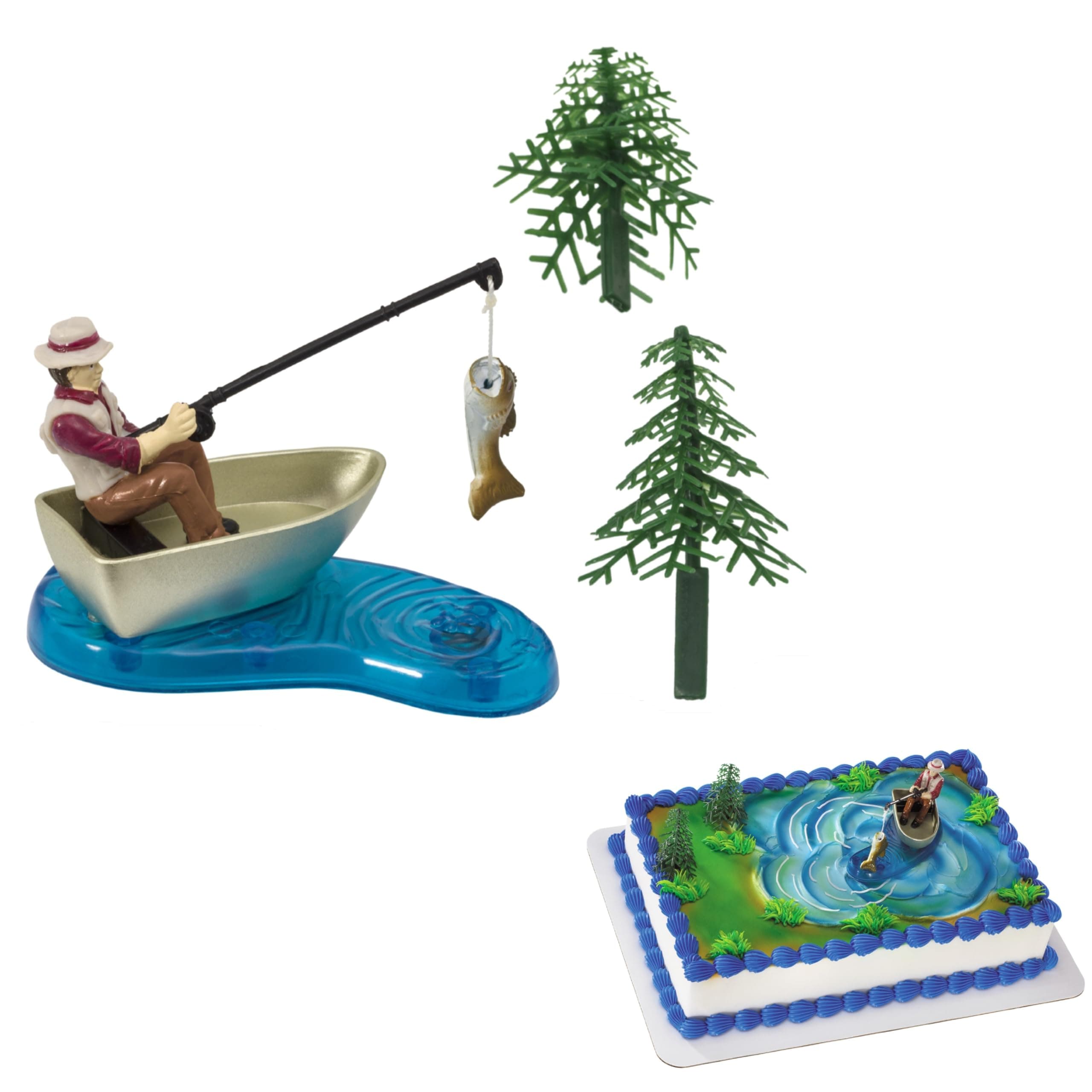 DecoPac Fisherman Topper, 4 Piece Cake Decoration, Fisherman in a Boat, Fish, Two Trees, Fishing Enthusiast, Reusable, Food Safe Multicoloured