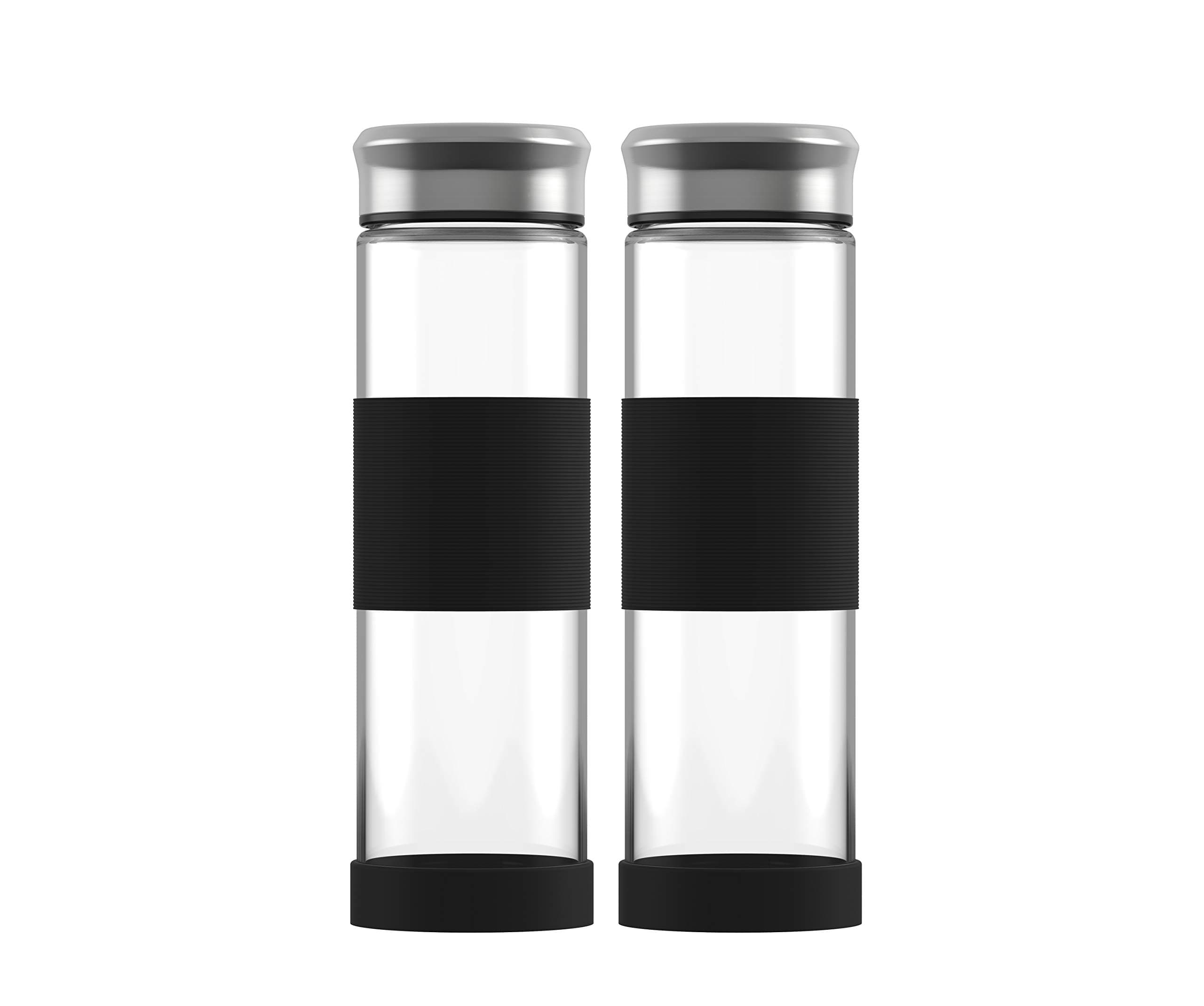 ELDR Supply 500ml Glass Water Bottles, Easy to Clean Wide Mouth, Silicone Sleeve and Base, Handmade Clear Borosilicate Glass, 2-Pack (16.9oz / .5 Liter)