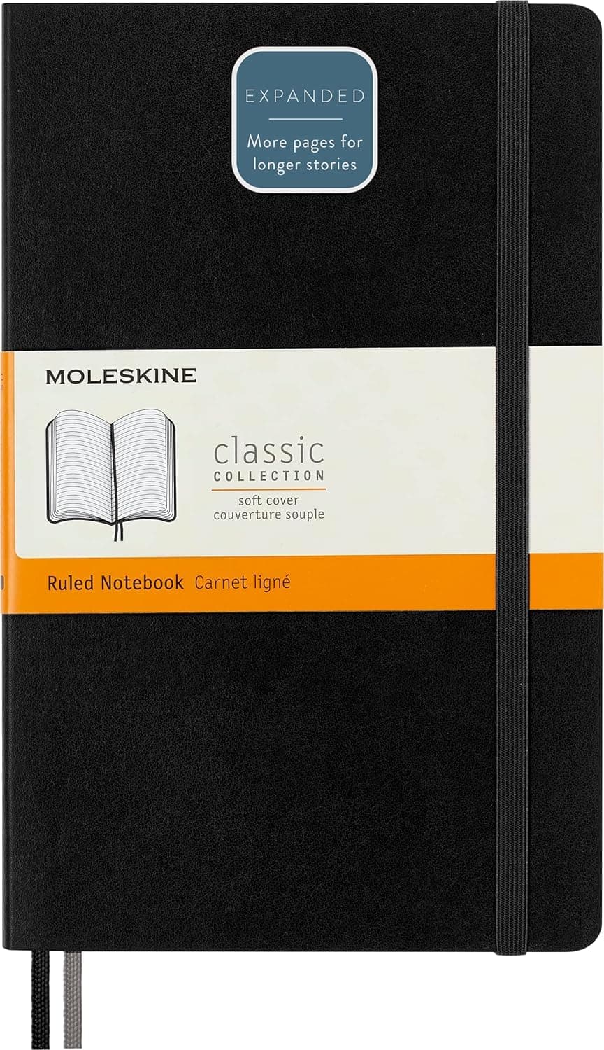 Classic Expanded Ruled Paper Notebook - Soft Cover and Elastic Closure Journal - Color Black - Size Large 13 x 21 A5 - 400 Pages