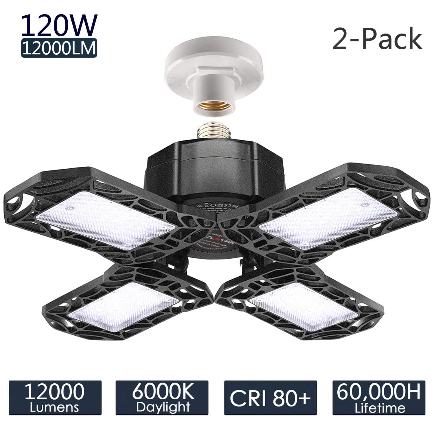 2-Pack LED Garage Lights 120W - 12000LM Garage Lights Ceiling LED, 6000K Four-Leaf Deformable LED Garage Lighting Fixture with Adjustable Multi-Position Panels, Best for Garage, Workshop