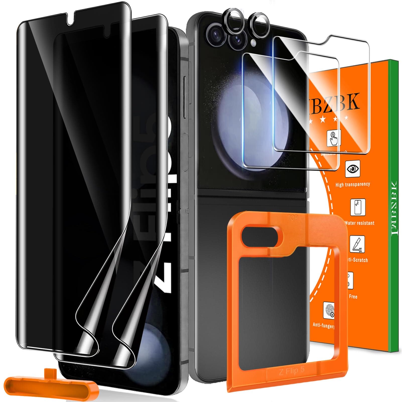IMBZBK 6 in 1 for Samsung Galaxy Z Flip 5 Privacy Screen Protector, 2 Pack Inside Anti-Spy Film + 2 Pack Tempered Glass Back Screen Protector + 2 Pack Camera Protector Accessories, No bubbles
