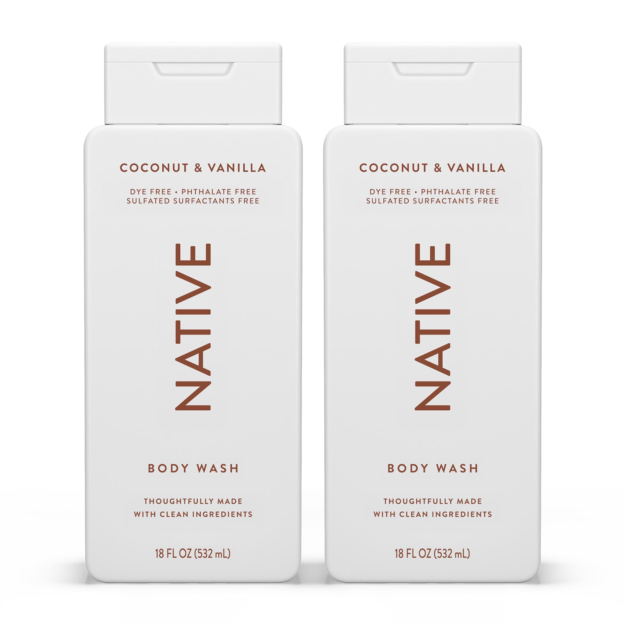 Native Shower Gel & Body Wash for Women & Men - Free of Sulphates & Dyes - Coconut & Vanilla Scent Body Soap - Gently Cleanses with Plant-Based ingredients (2 Pack, 532ml Each)