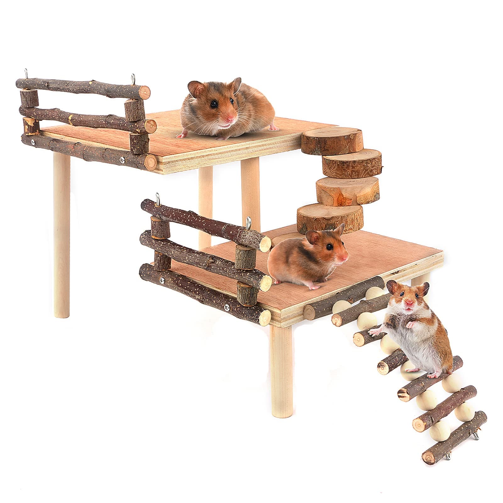 Hamster Climbing Toys,Toys Cage Accessories Two-Tier Hamster Playground Activity Platform with Bridge Natural Apple Wood Chew Toys for Guinea Pig,Gerbils,Chinchillas,Bunny,Rats