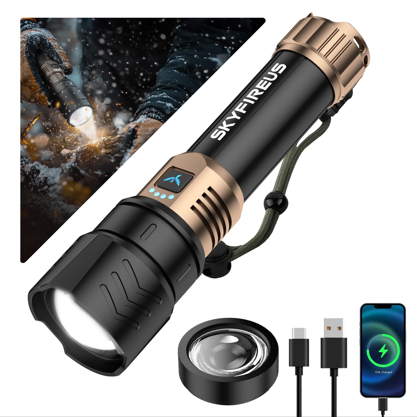 - SKYFIRE LED Flashlights High Lumens with Ignition Lens,3000lm Super Bright Rechargeable Flashlight,Zoomable,4 Modes,Waterproof Tactical Flash Light for Camping Essentials,Outdoor and Home,Gift