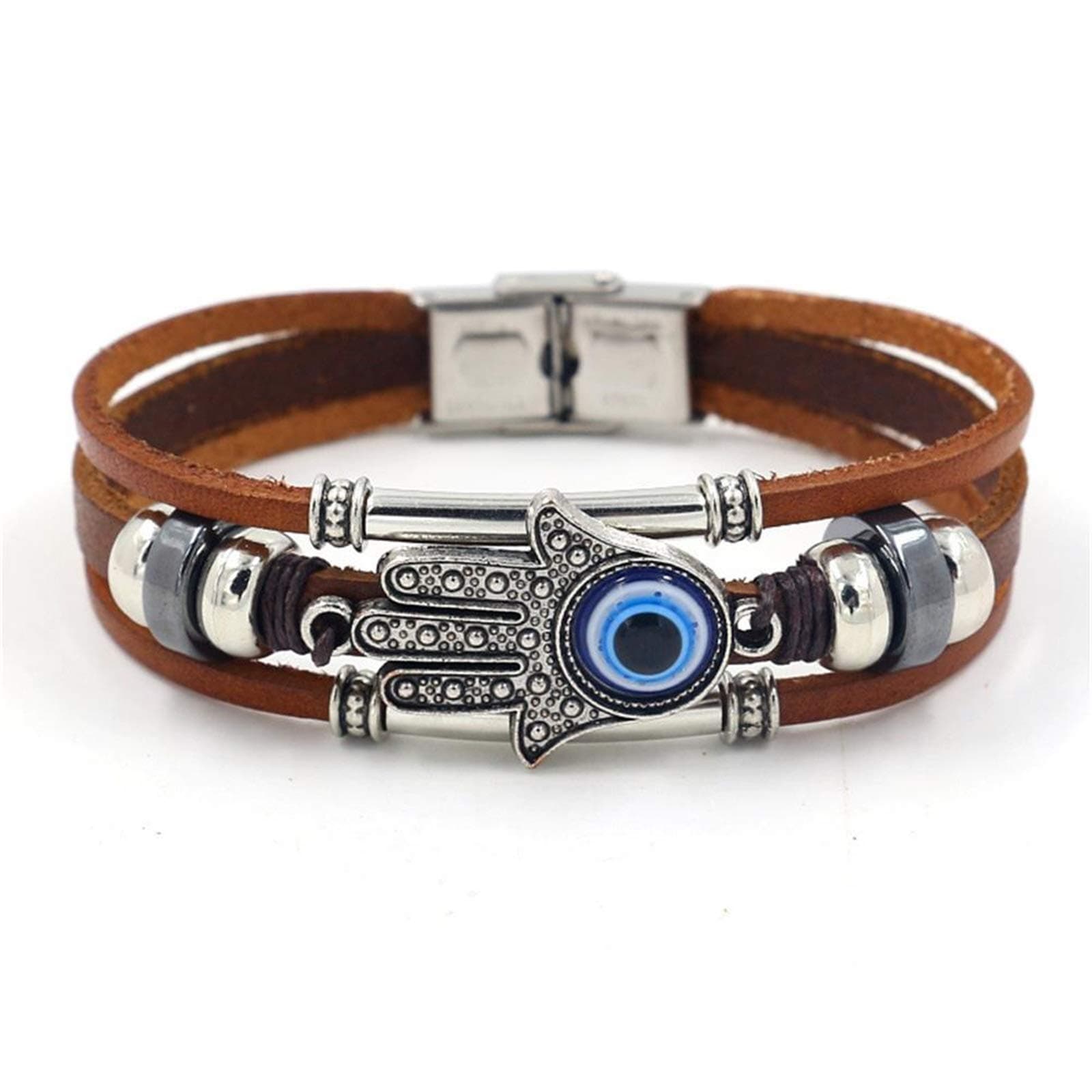 Leather Evil Eye Bracelet Wristband Vintage Three-Row Leather Hamsa Hand Blue Eyes Bracelet Retro Multi-Layer Rope Wrap Bracelet Handmade Devil's Eye Bangle Strand Bracelet Turkish Jewelry
