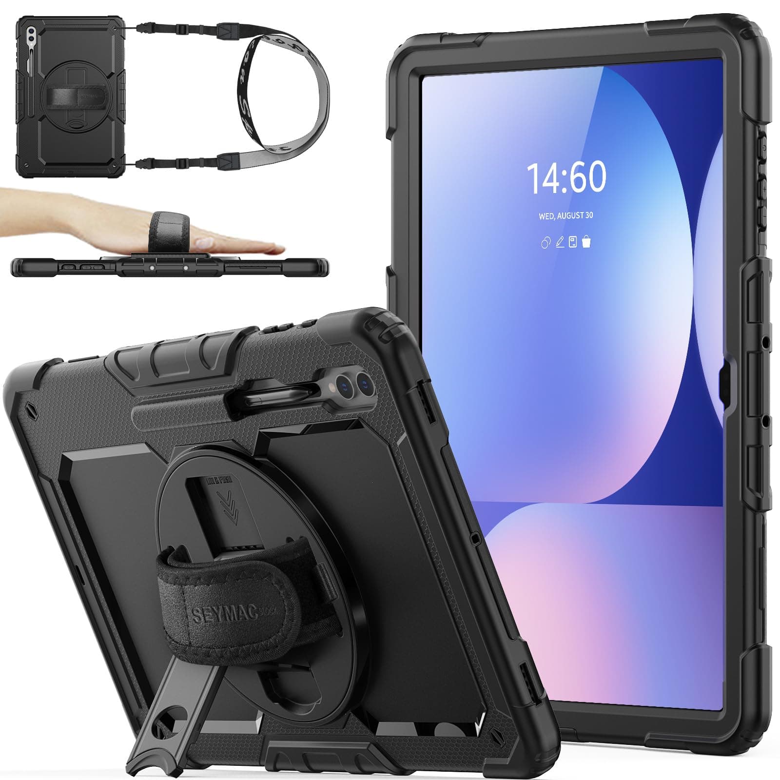 SEYMAC stock Case for Samsung Galaxy Tab S10 Ultra / S9 Ultra Tablet Case 14.6'' Protective with Screen Protector, Pen Holder, 360 Rotate Stand, Hand Strap, Shoulder Strap, Black1 | Pencil Holder, 360 Rotate Stand, Hand Strap, Shoulder Strap, Black1
