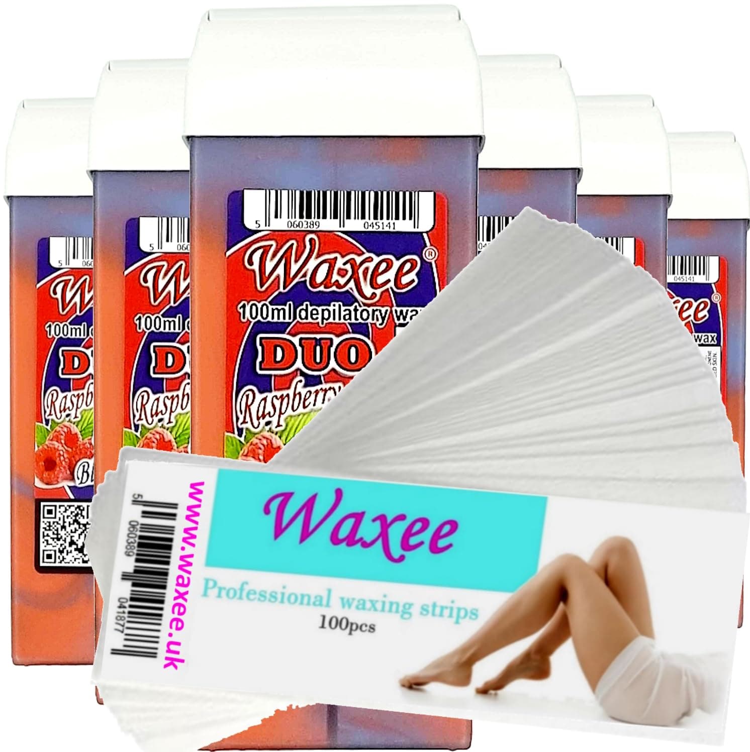 Roll on wax roller wax cartridge 100ml- Waxee DUO wax refill 6pcs+ 100 waxing strips (DUO- Raspberry & Blueberry)
