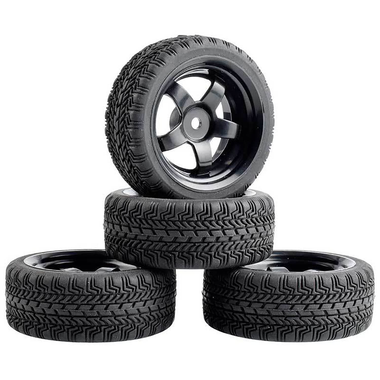 WONFAST 4PCS 65mm Rubber Tyre Tires 5-Spoke Plastic Wheel Rims Compatible with RC 1/10 Scale On Road Touring Racing Drift Car Traxxas HSP HPI Tamiya Vehicles Parts (Black)