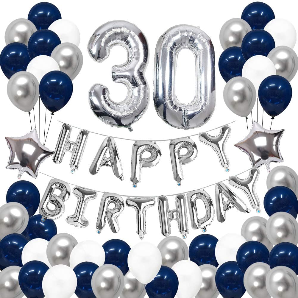 30th Birthday Decorations, Puchod Happy Birthday Banner Kit Number 30 Foil Ballon Party Decorations Set Blue & Sliver for Men