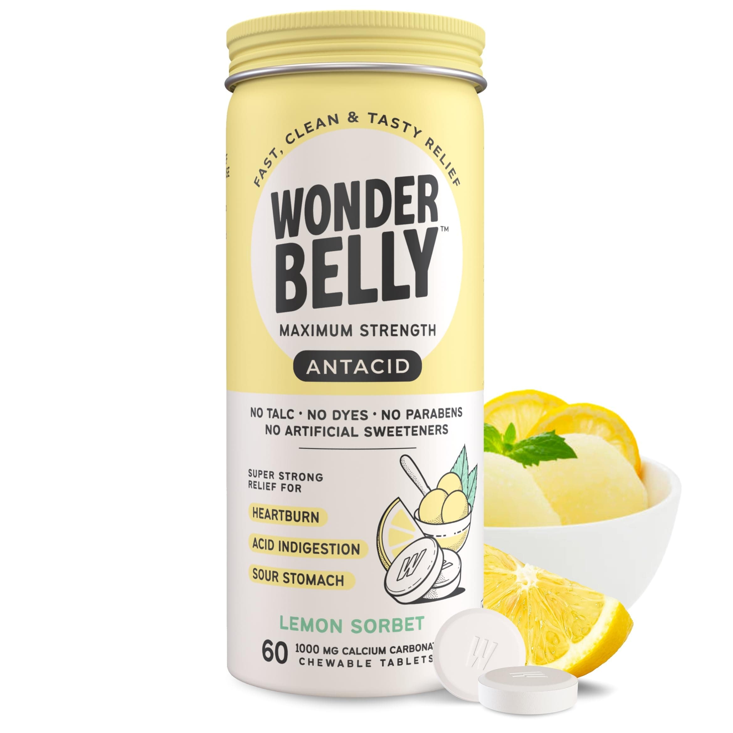 Wonderbelly Antacid, Effective Heartburn and Instant Acid Indigestion Relief, Extra Strength Chewable Tablets, 1000 mg Calcium Carbonate, No Talc or Dye, Lemon Sorbet, 60 Count