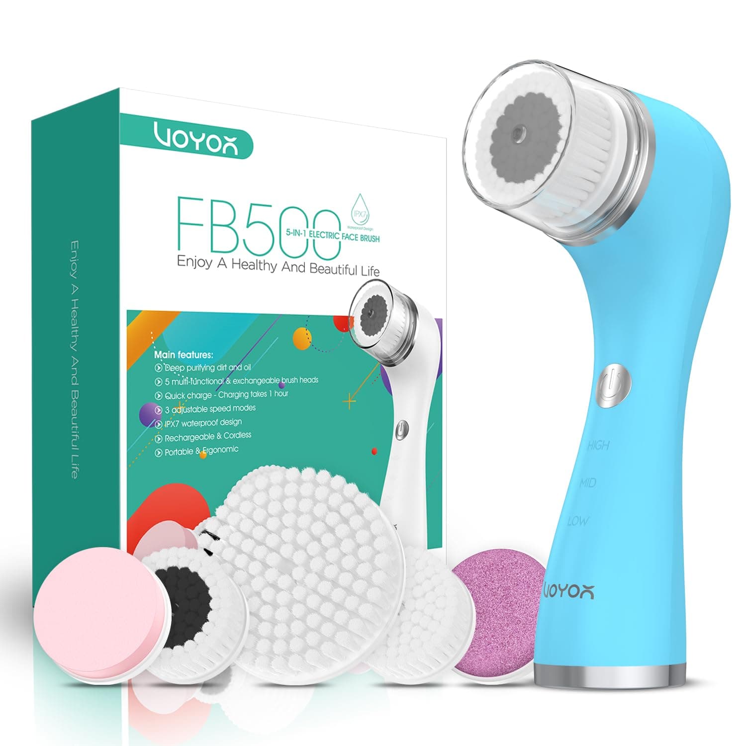 VOYOR Facial Cleansing Brush Rechargeable, Spin Face Brush Waterproof 5-in-1 Body Brush Set for Deep Skin Cleansing, Gentle Exfoliating and Massaging FB500 (Blue)