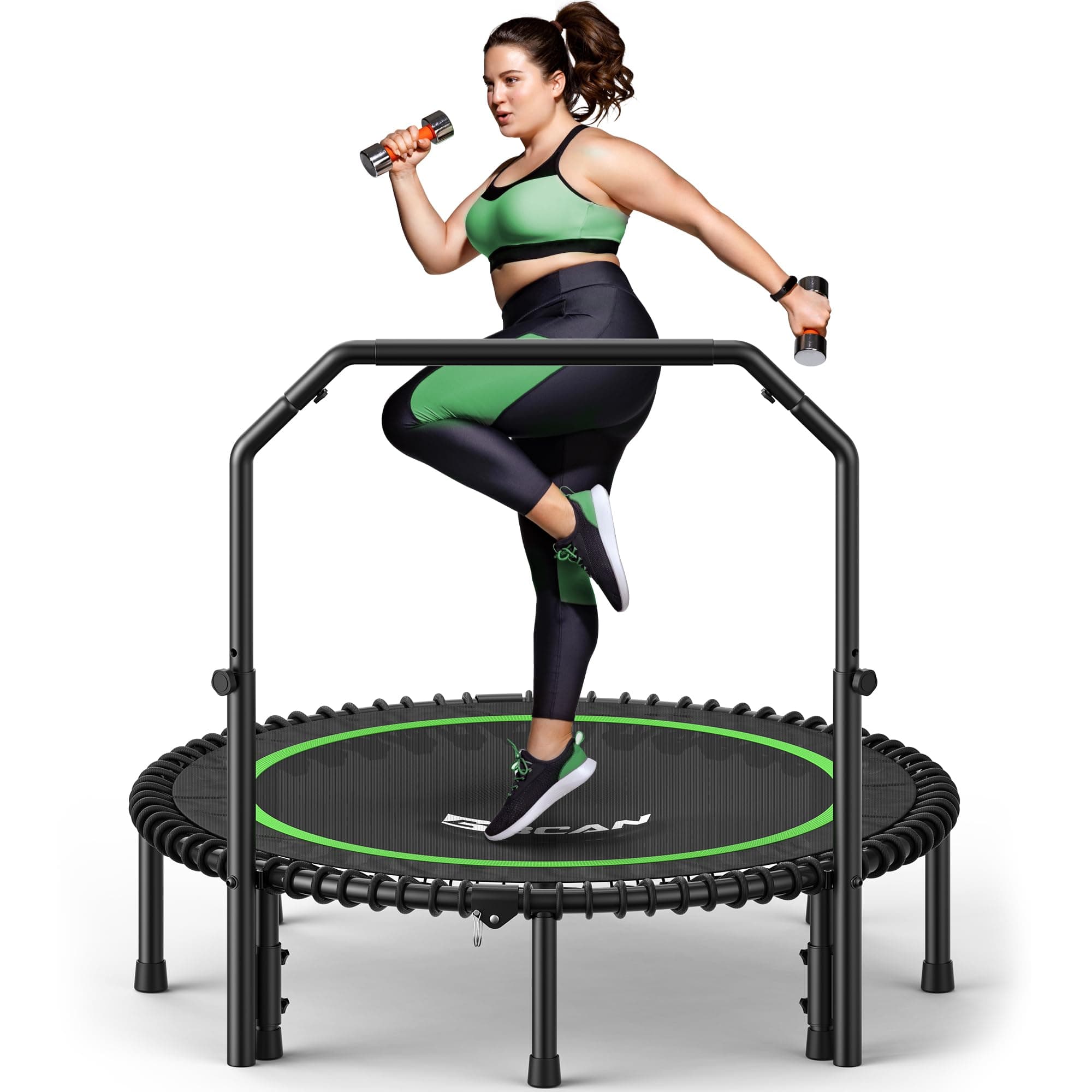 BCAN BT2 450/550LBS Mini Rebounder Trampoline for Adults with Bar, Fitness Trampoline with Bungees, Adjustable Handle, Stable & Quiet, Indoor Outdoor, Whole-Body Workout & Relaxation at Home-40IN/48IN