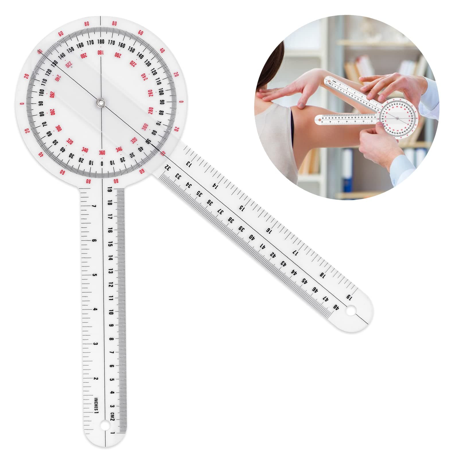 12 Inch Goniometer, Transparent Orthopedic Angle Ruler Plastic Goniometer 360 Degree Goniometer Angle Protractor Goniometer for Body Measuring Tape Goniometer Protractor Ruler