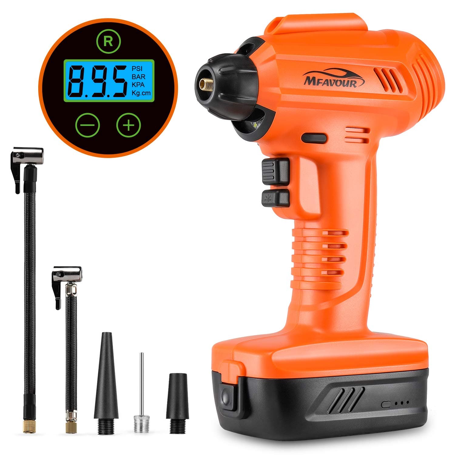 mfavour Car Tyre Inflator Air Compressor Cordless Handheld Electric Car Tyre Pump, Portable with Digital Pressure Gauge and LCD Display, LED Light, Rechargeable Battery 2200mAh 12V